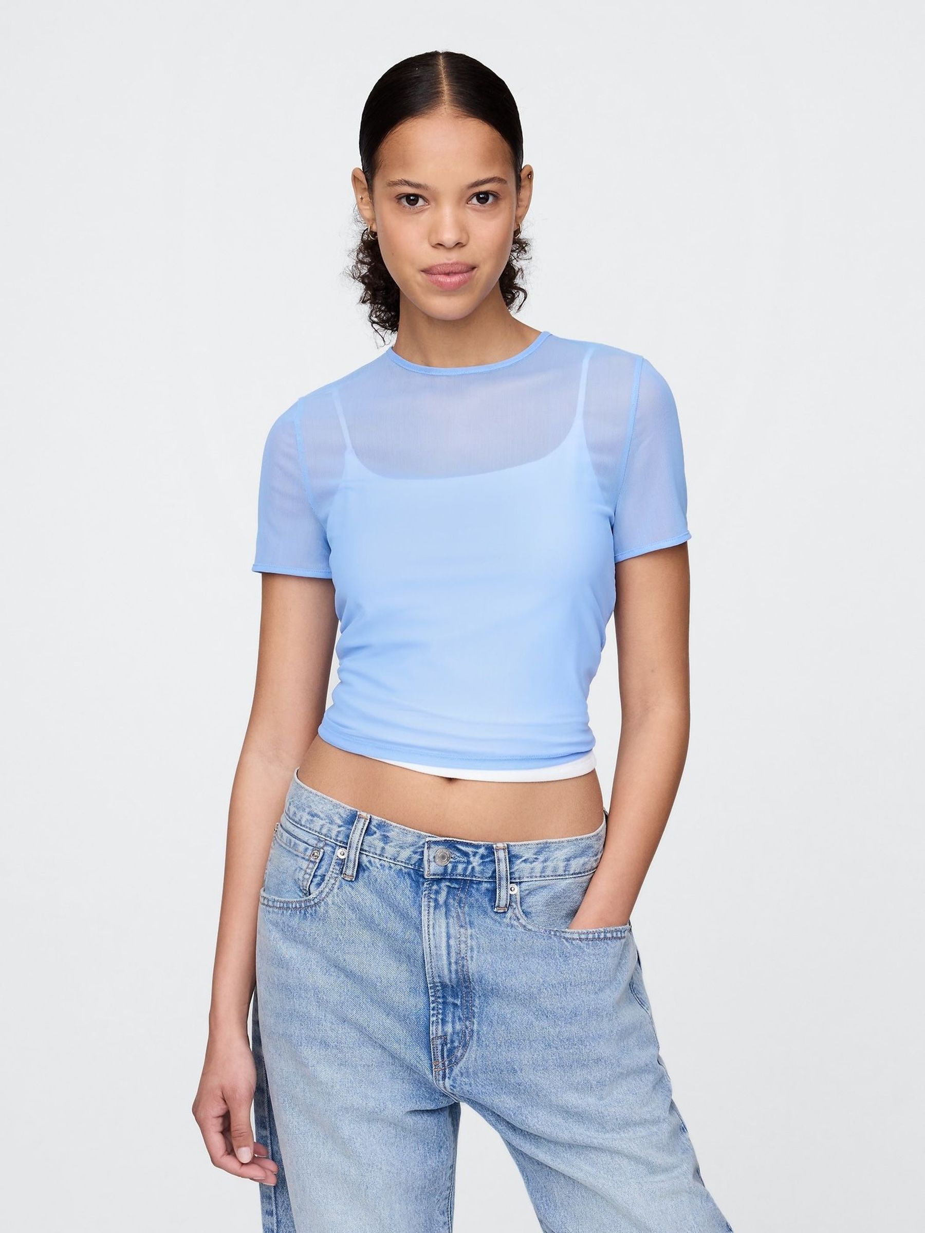 Blue Soft Stretch Mesh Cropped T-Shirt (W24387) | £14