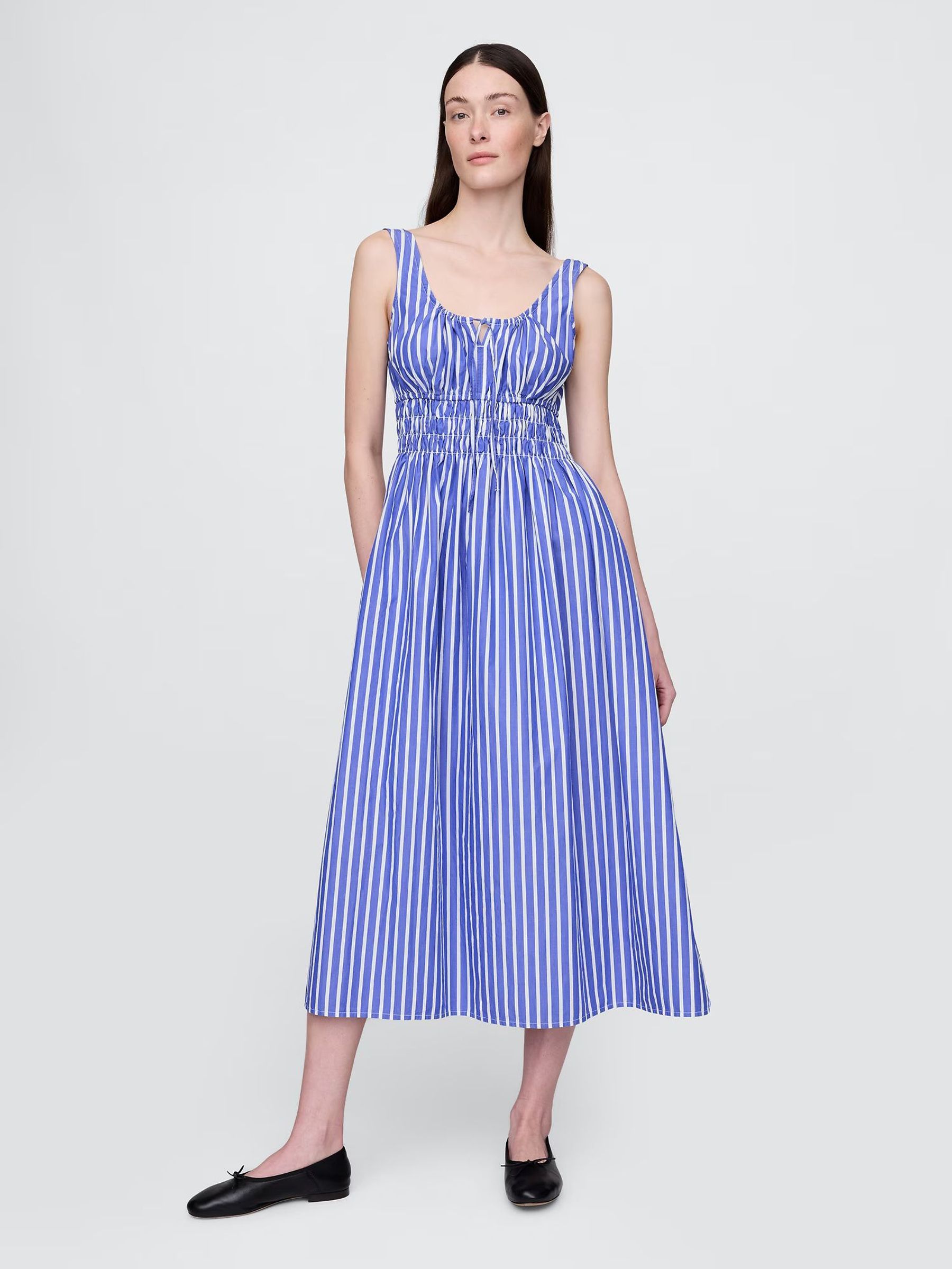 Blue Stripe Poplin Smocked Midi Dress (W24388) | £75