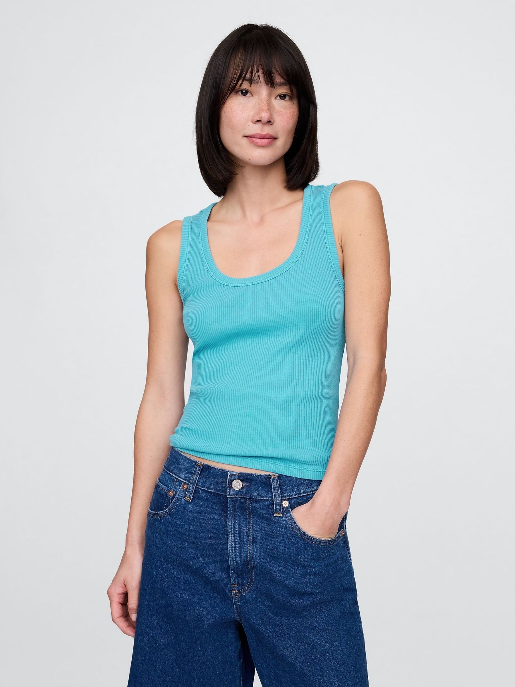 Blue Neon Ribbed Knit Cotton Stretch Scoop Vest (W24389) | £16