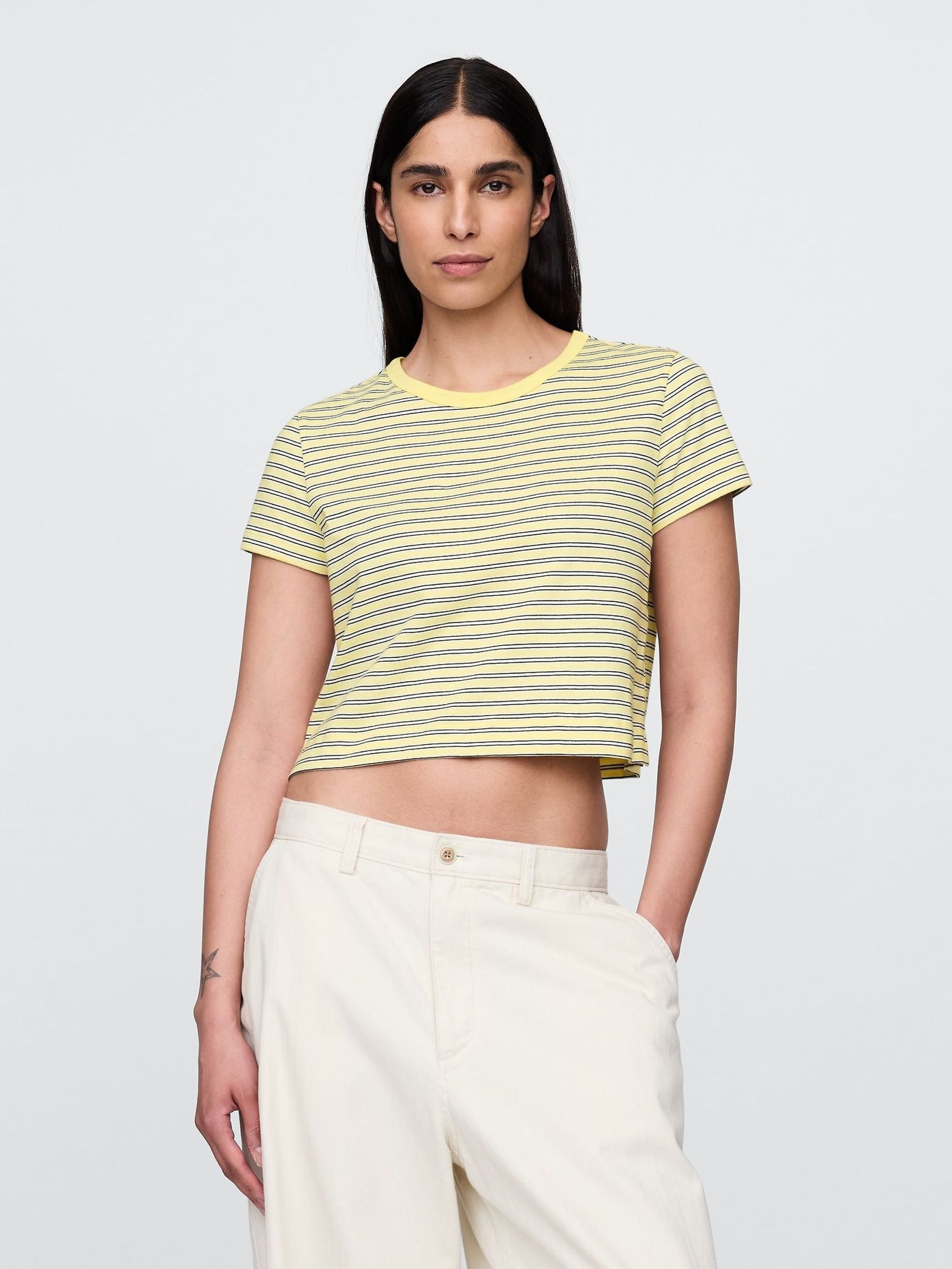 Yellow/Black Stripe Cotton VintageSoft Cropped Striped T-Shirt (W24398) | £18