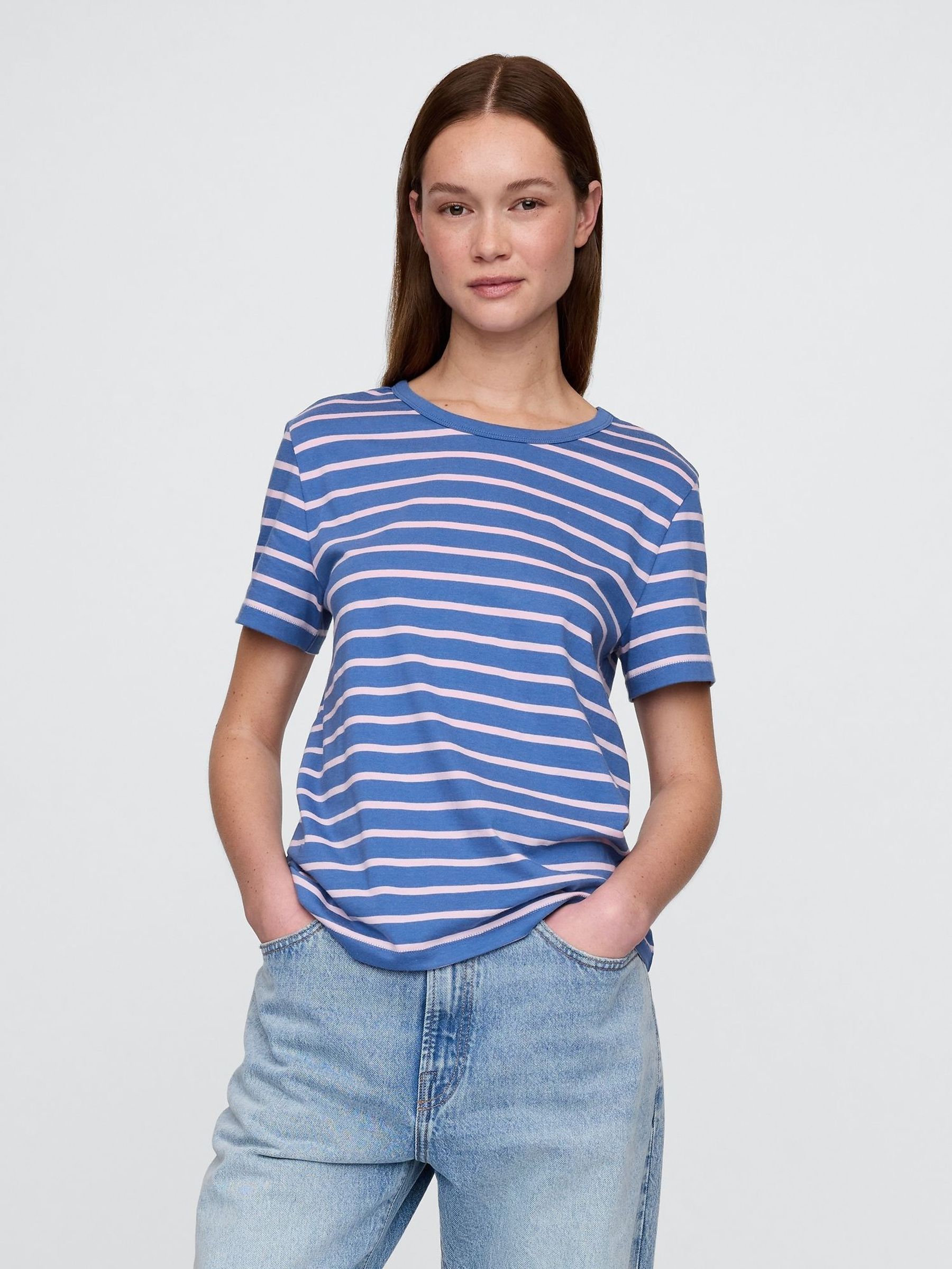 Blue/White Stripe Crew Neck Vintage Short Sleeve T-Shirt (W24406) | £20