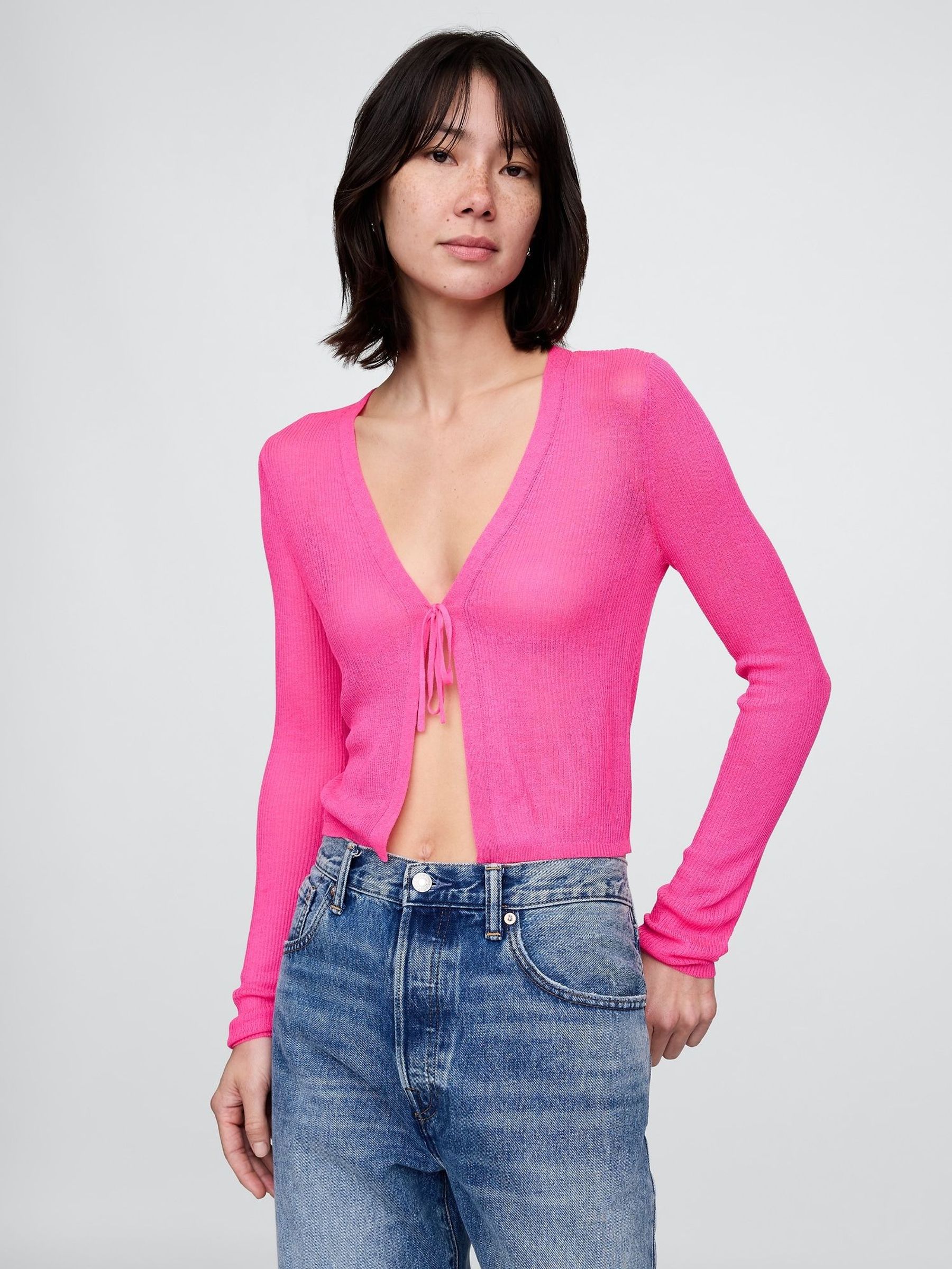 Pink Sheer Rib Cropped Tie-Front Cardigan (W24413) | £40