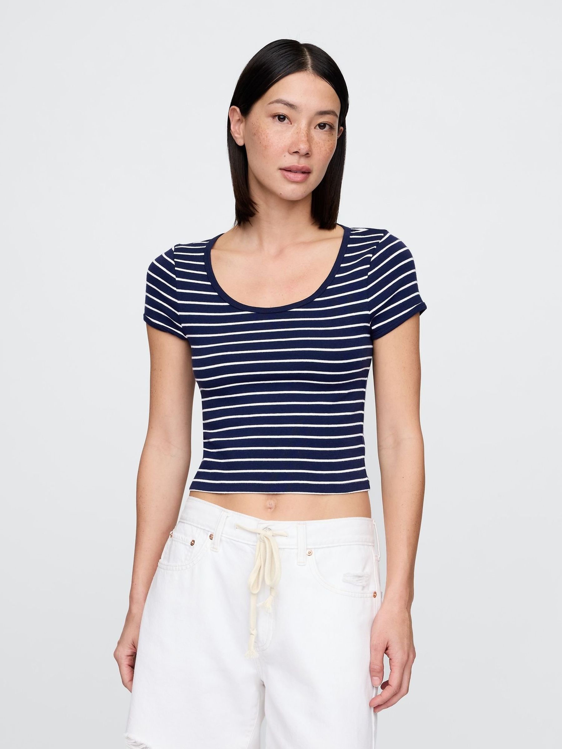 Navy Stripe Modern Cropped Cap-Sleeve T-Shirt (W24421) | £20