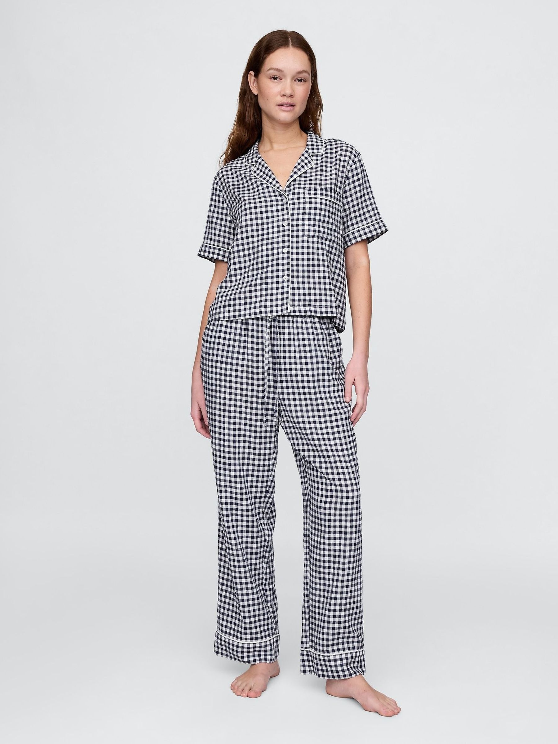 Blue Gingham Trouser Linen Blend Pyjama Bottoms (W24424) | £35
