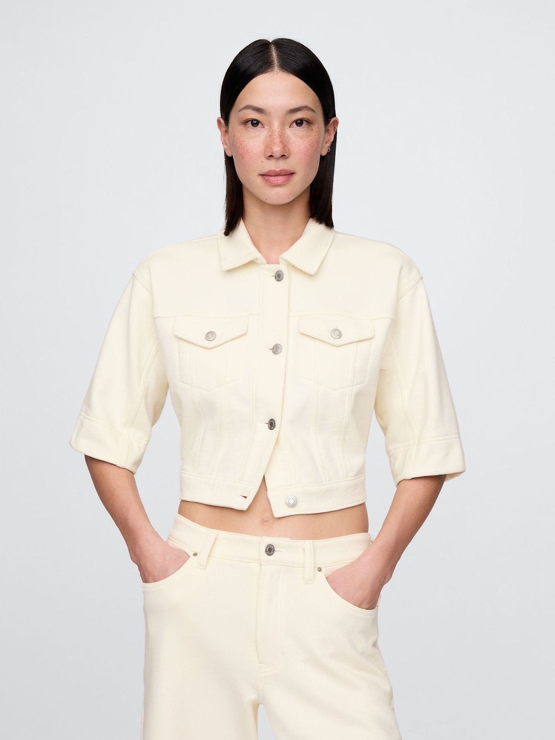 Cream Heavyweight French Terry Denim Cropped Jacket (W24425) | £50