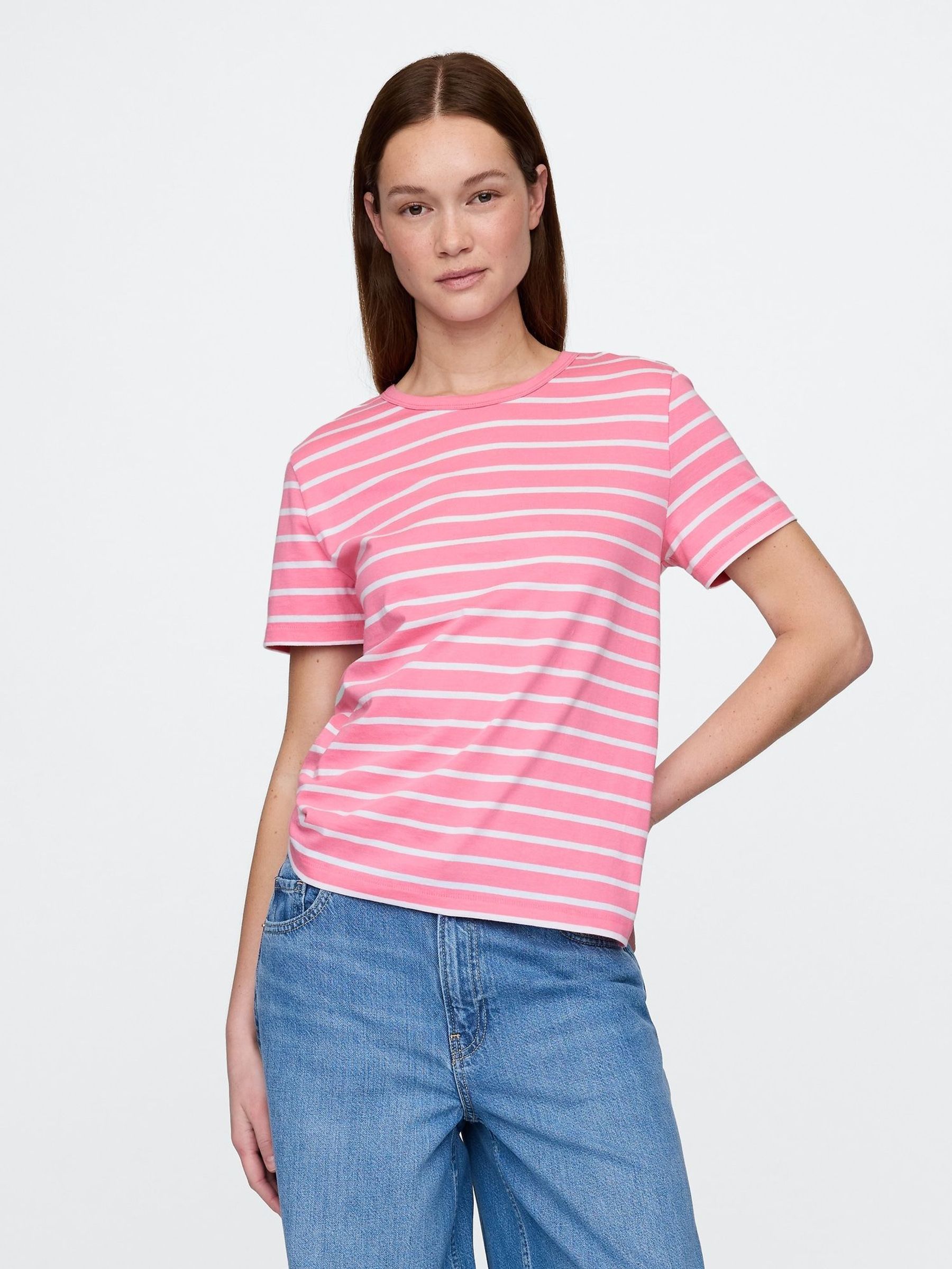 Pink/White Stripe Crew Neck Vintage Short Sleeve T-Shirt (W24426) | £20