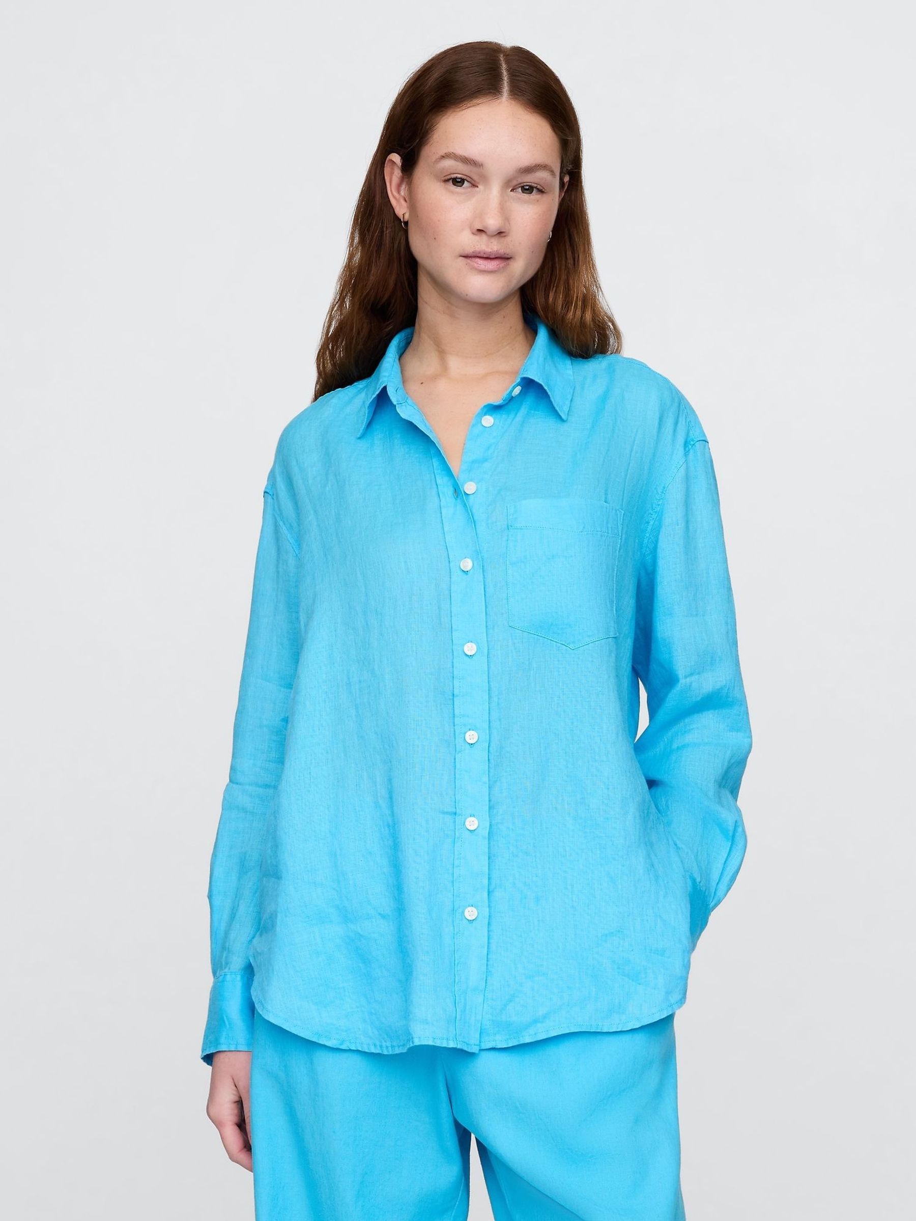 Bright Blue 100% Linen Oversized Shirt (W24433) | £75