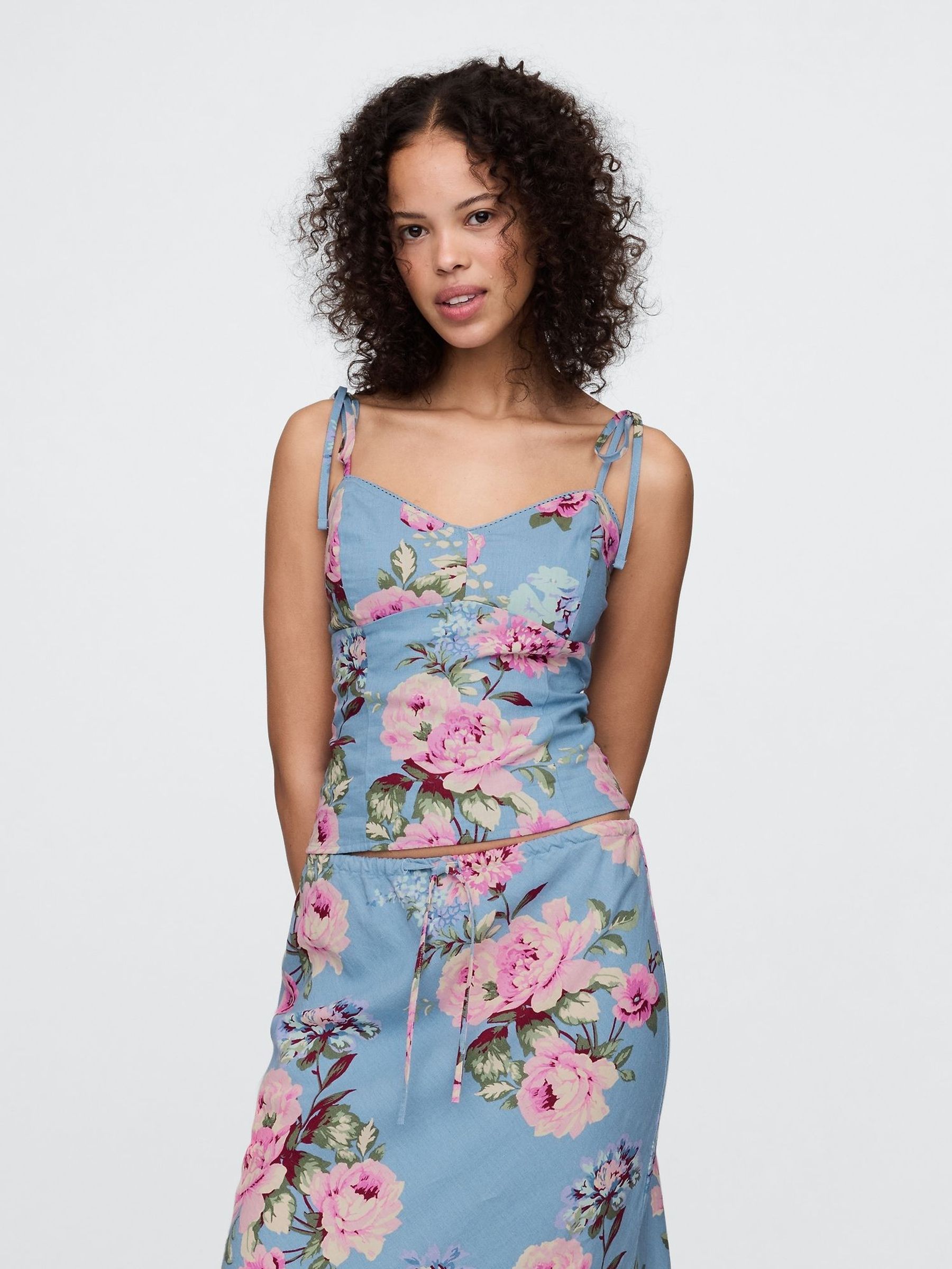 Blue Floral Linen-Blend Tie-Strap Tank Top (W24437) | £45