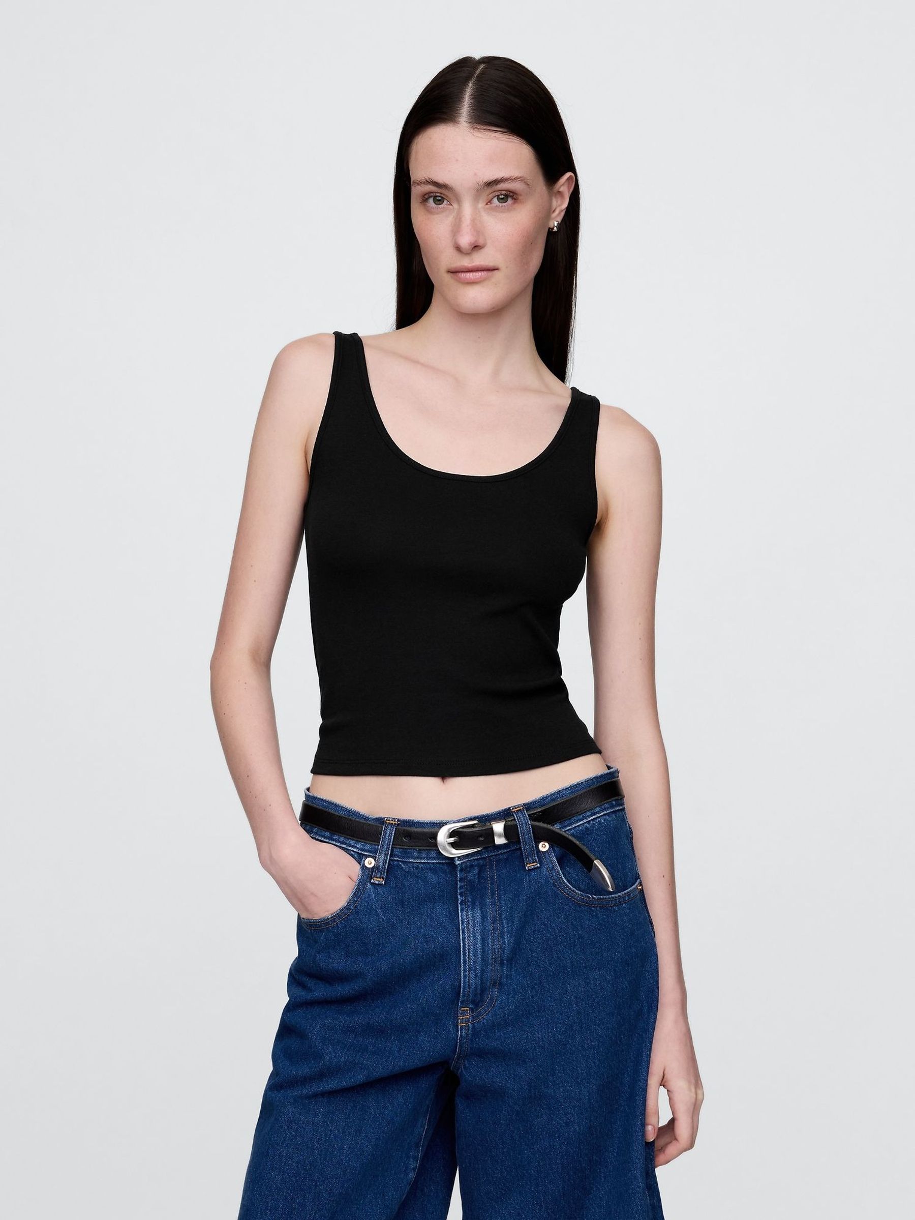 Black Modern Cotton-Modal Scoop Neck Cropped Vest (W24457) | £12