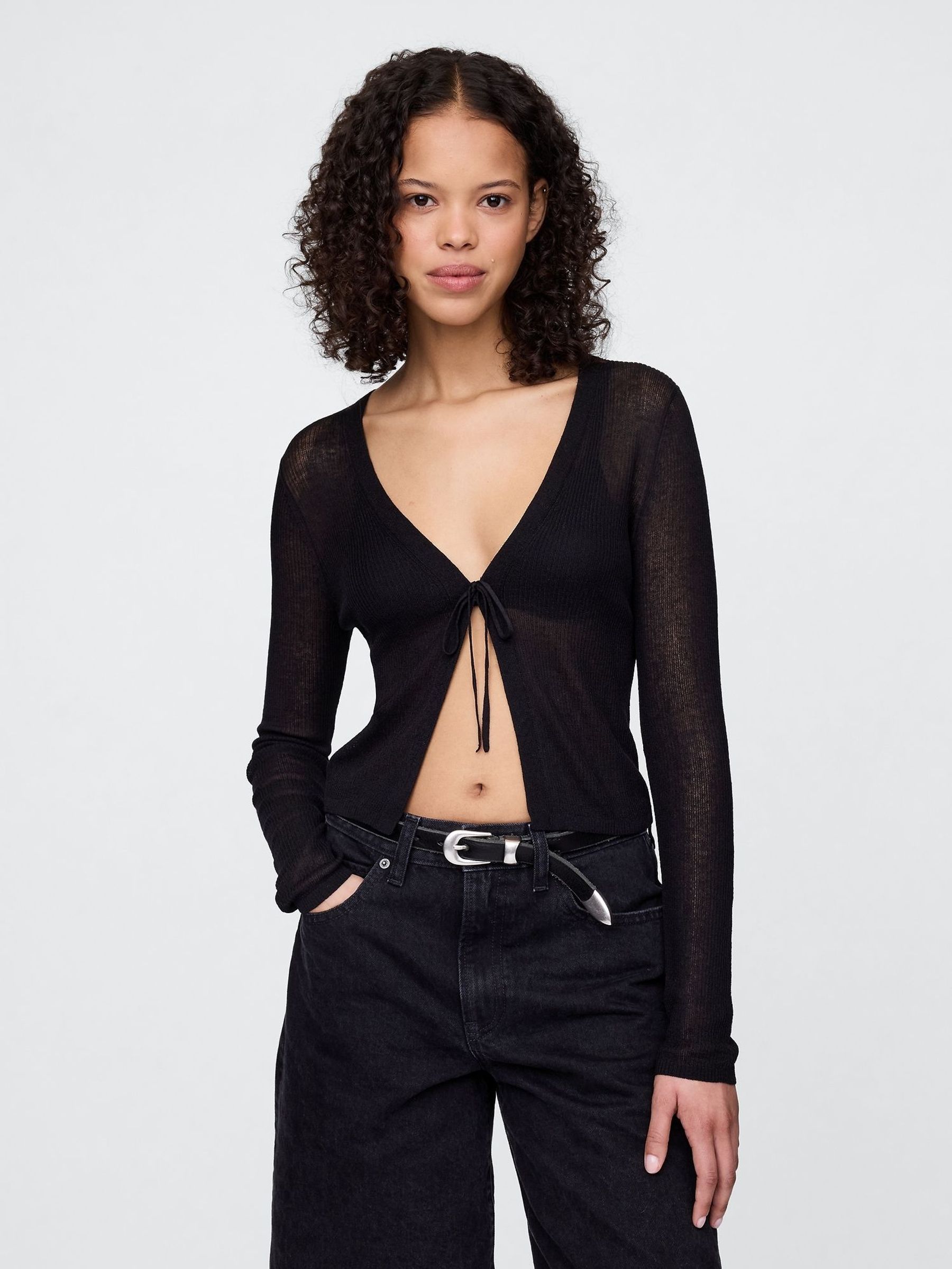 Black Sheer Rib Cropped Tie-Front Cardigan (W24465) | £40