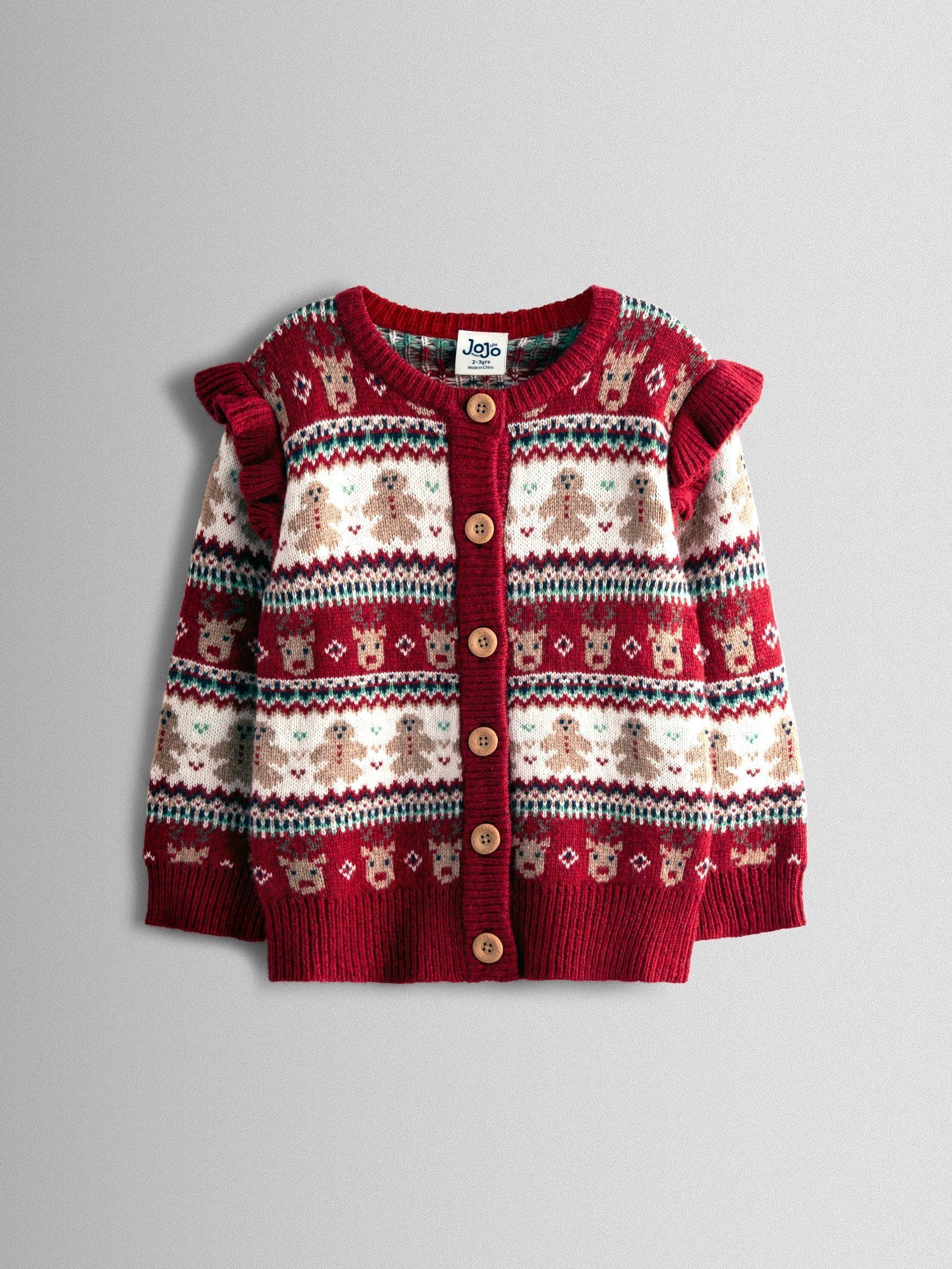 Red Reindeer Christmas Frill Shoulder Fairisle Cardigan (W24538) | £32 - £38
