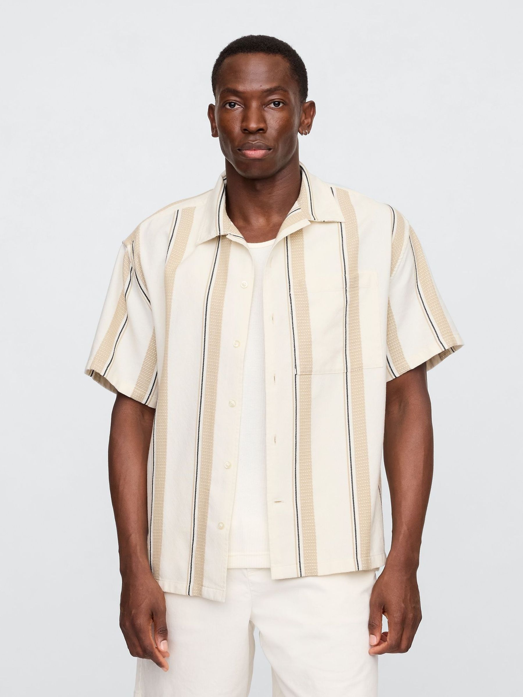 Cream/Beige Stripe Short Sleeve Boxy Shirt (W24564) | £35