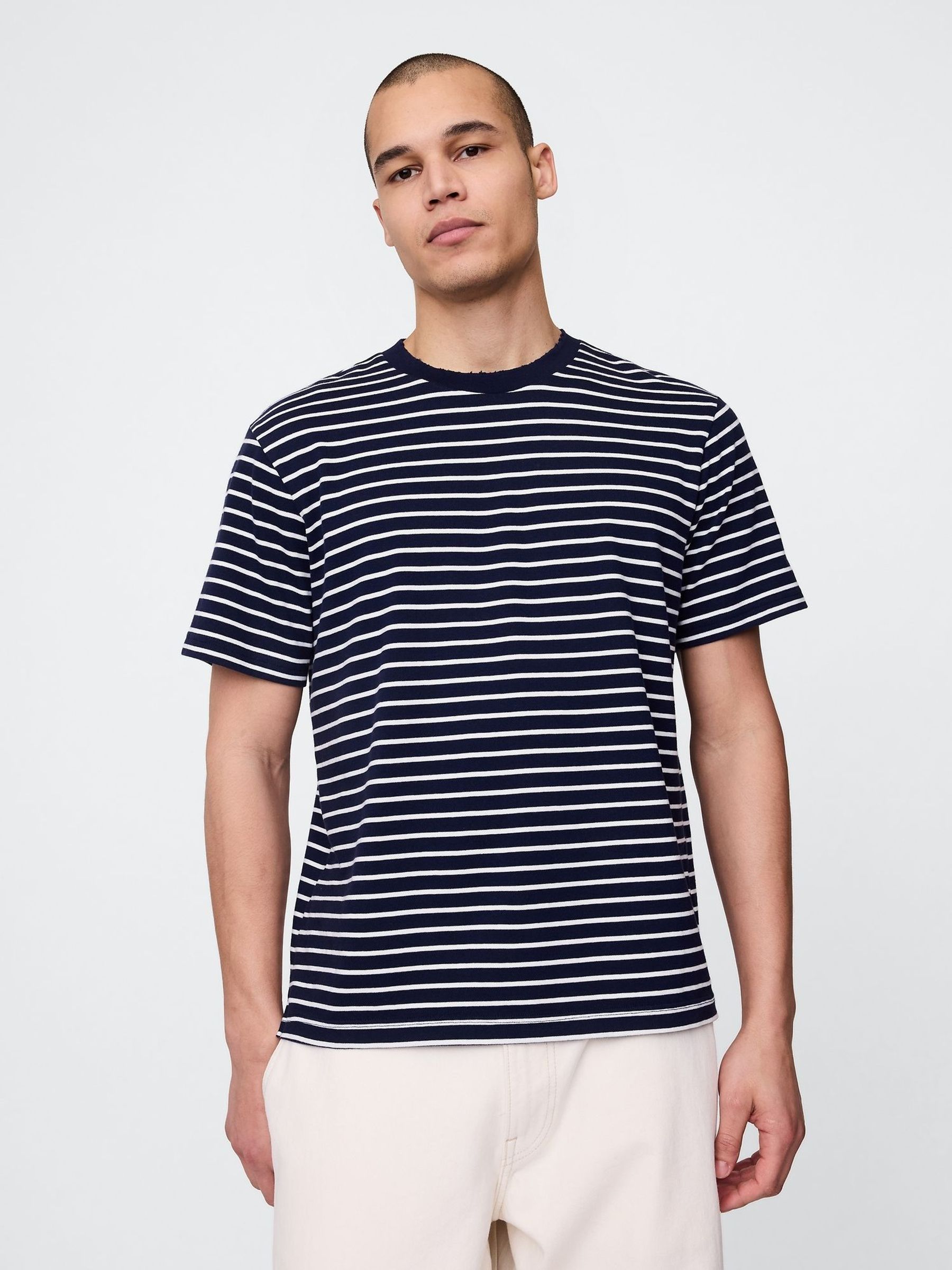 Navy Blue Stripe Heavyweight Original T-Shirt (W24576) | £30