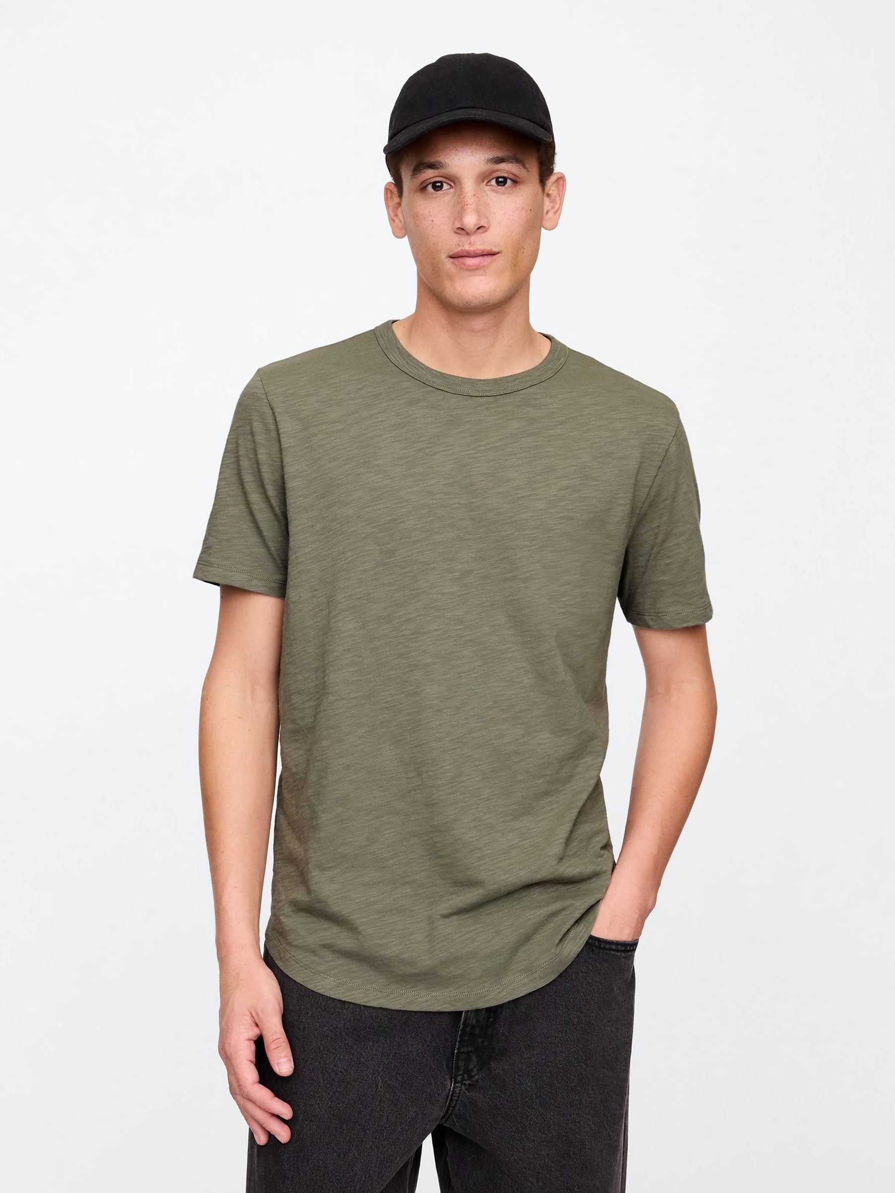 Khaki Green Slub Curved Hem Short Sleeve T-Shirt (W24591) | £12