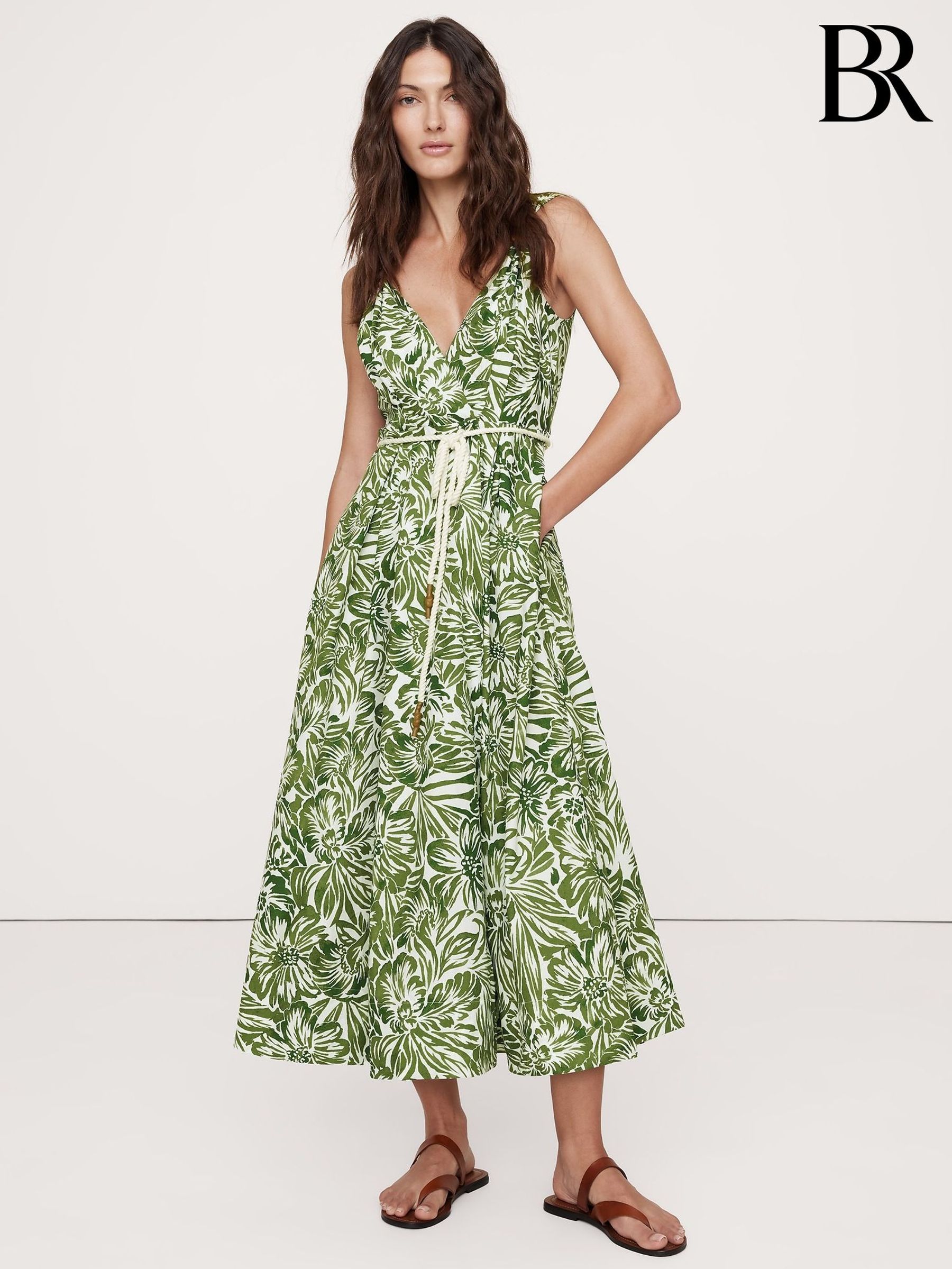 Banana Republic Green Floral Cotton Poplin Wrap Maxi Dress (W24670) | £135