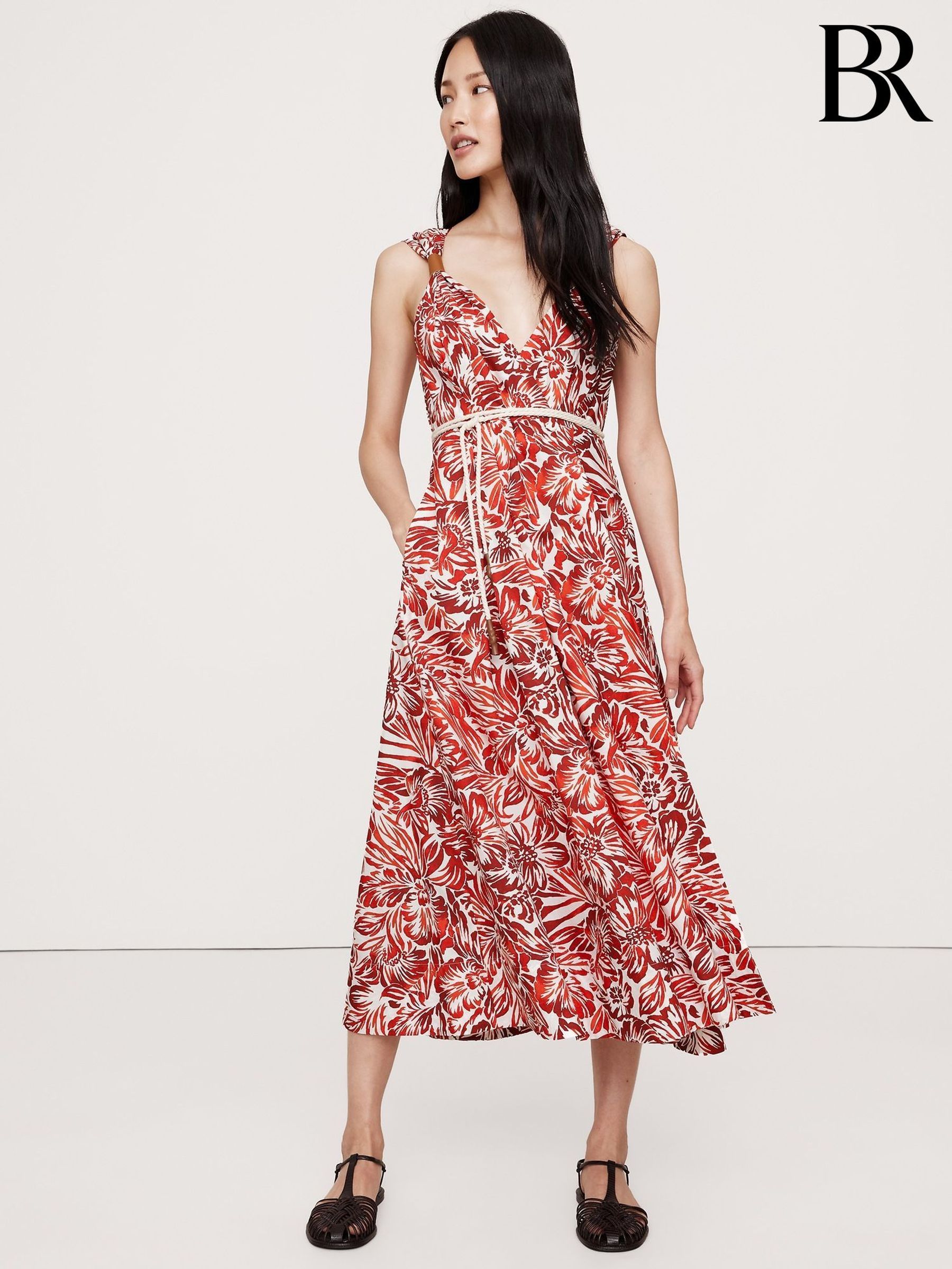 Banana Republic Red Floral Cotton Poplin Wrap Maxi Dress (W24678) | £135