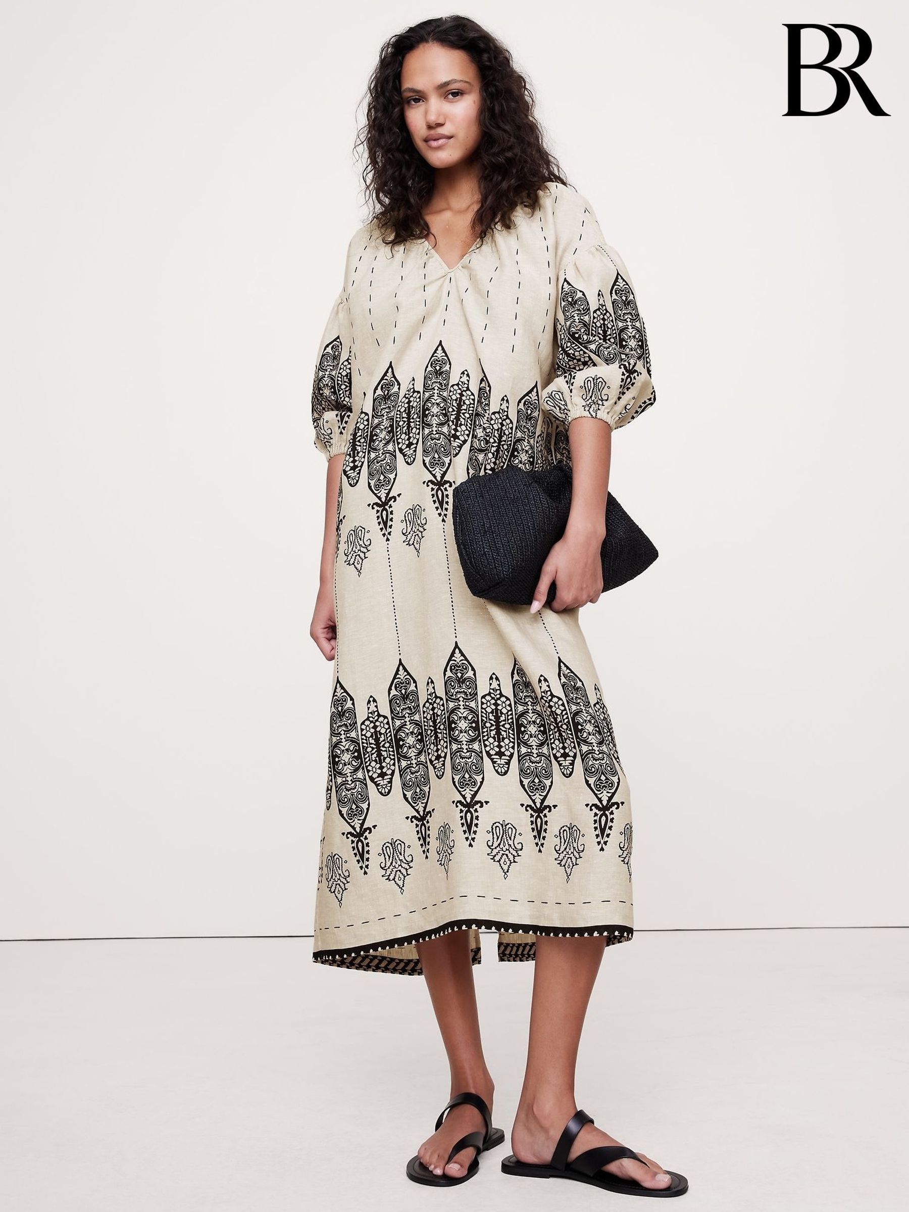 Banana Republic Black/Neutral Linen V Neck Maxi Dress (W24681) | £185