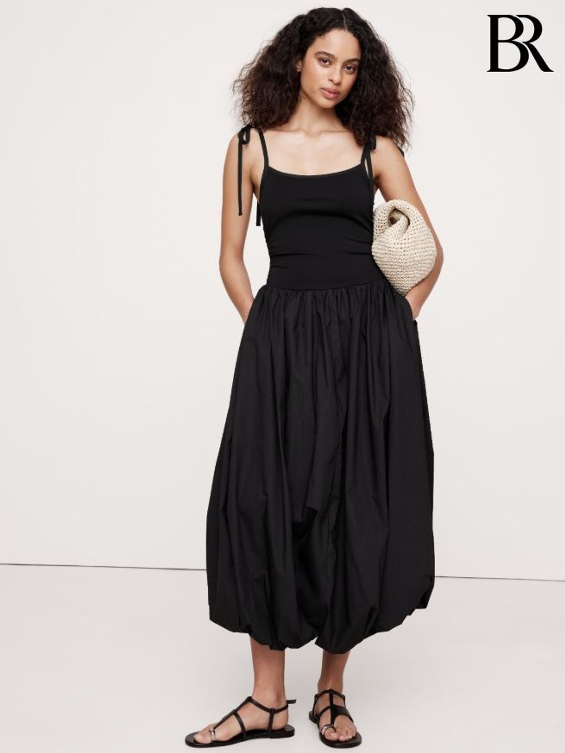 Banana Republic Black Strappy Poplin Bubble Midi Dress (W24686) | £140