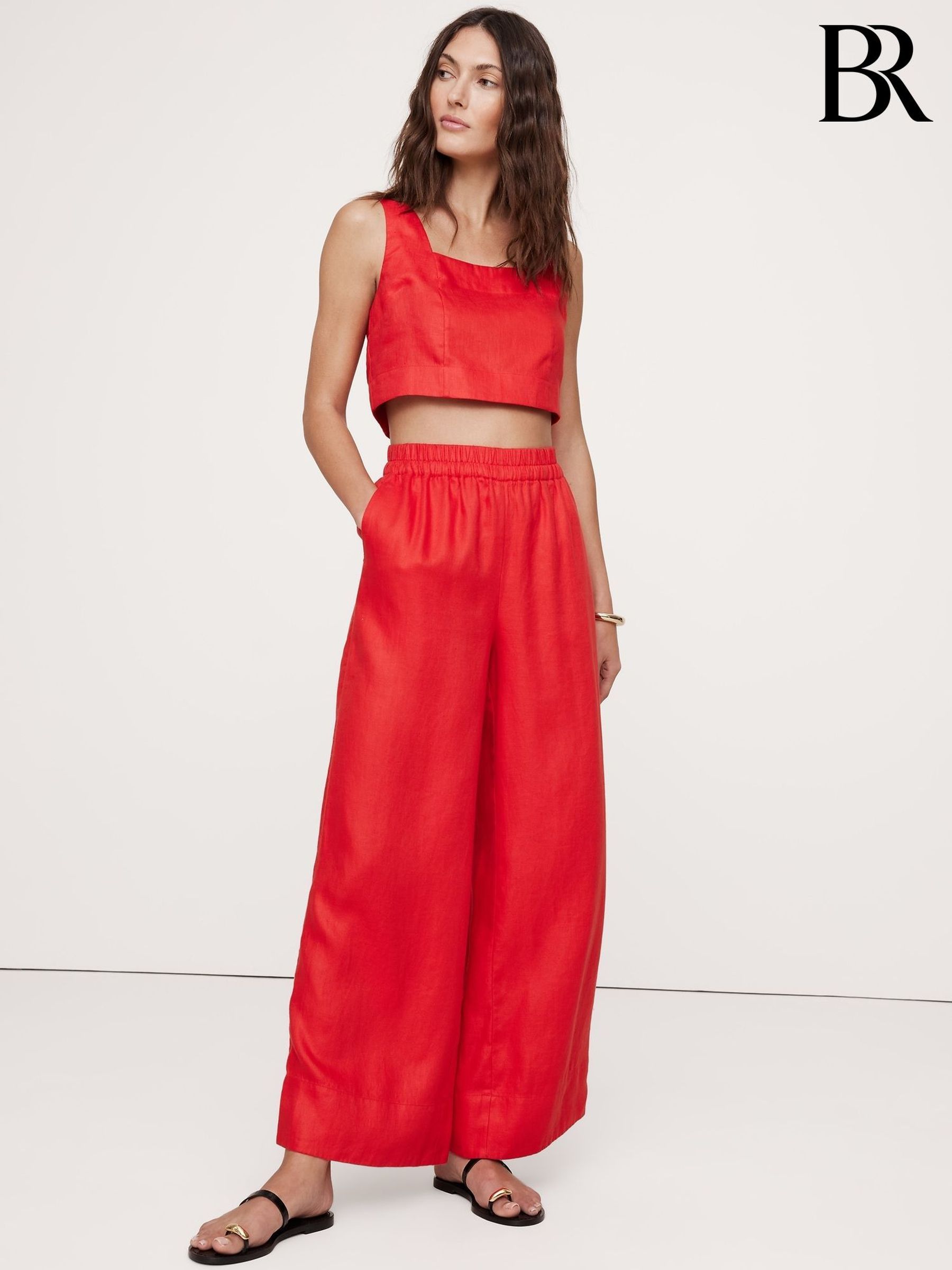 Banana Republic Red Wide-Leg Pull On Linen Ankle Trousers (W24688) | £125