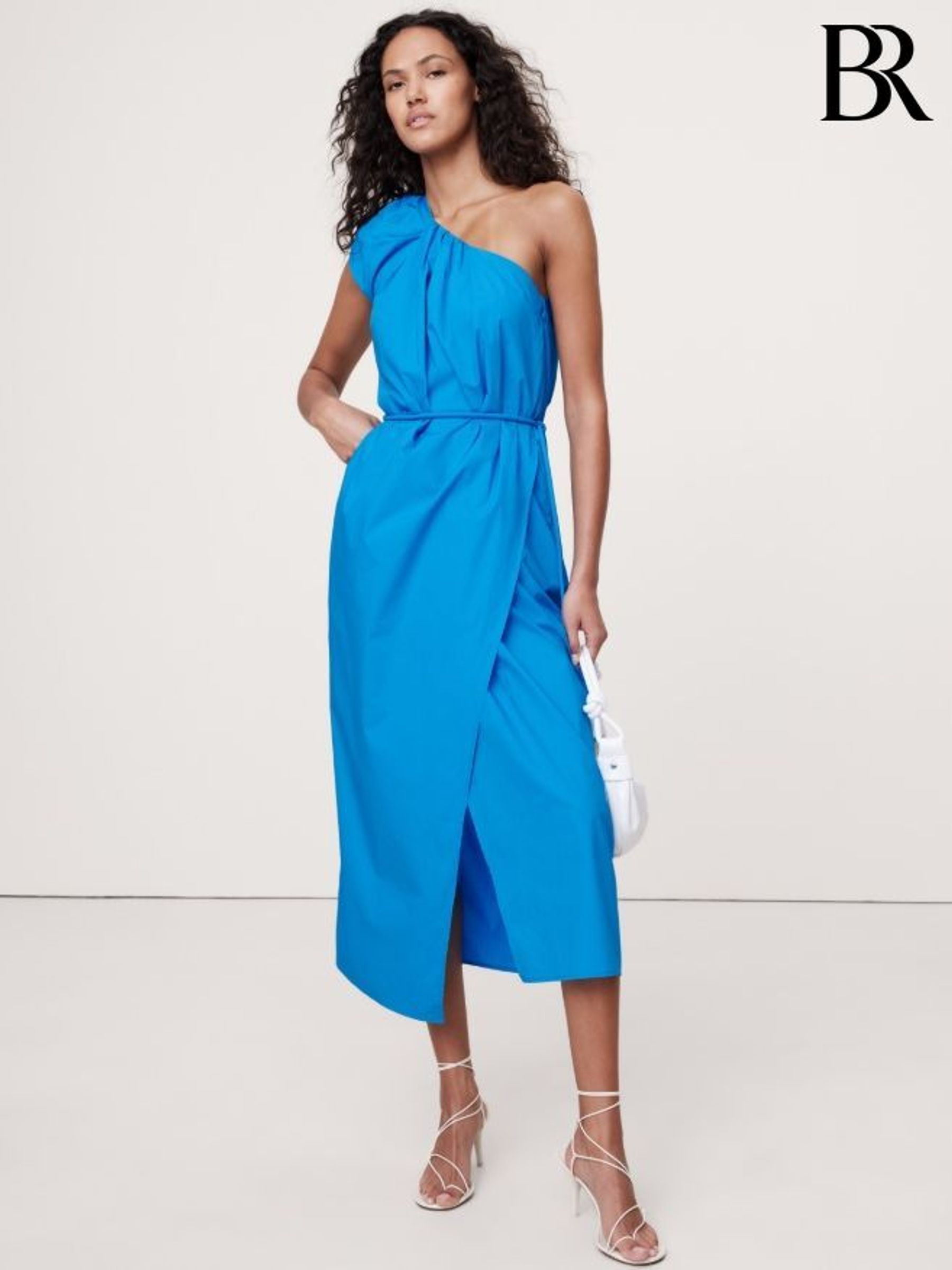 Banana Republic Blue Ruched Cotton Poplin One-Shoulder Maxi Dress (W24692) | £105