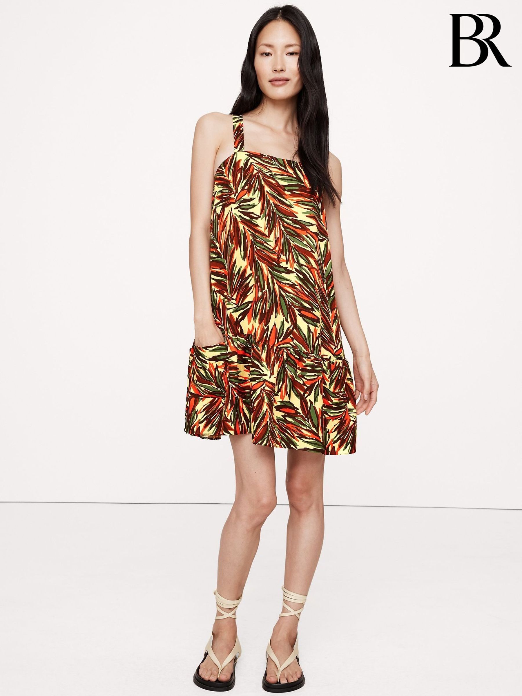 Banana Republic Yellow/Red Floral Viscose-Linen Flounce-Hem Mini Dress (W24693) | £95
