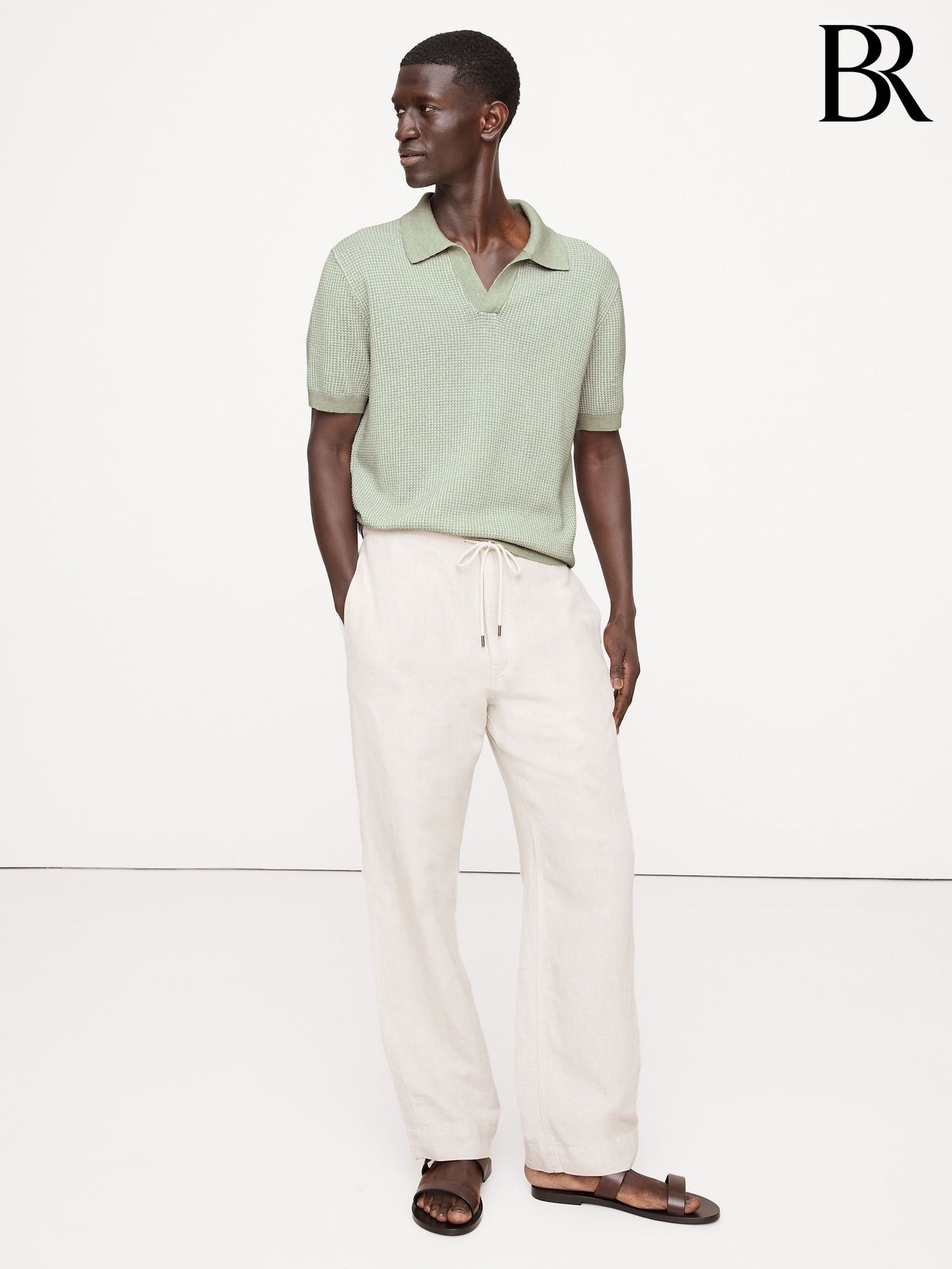 Banana Republic Green Cotton-Linen Johnny-Collar Polo Jumper (W25001) | £75
