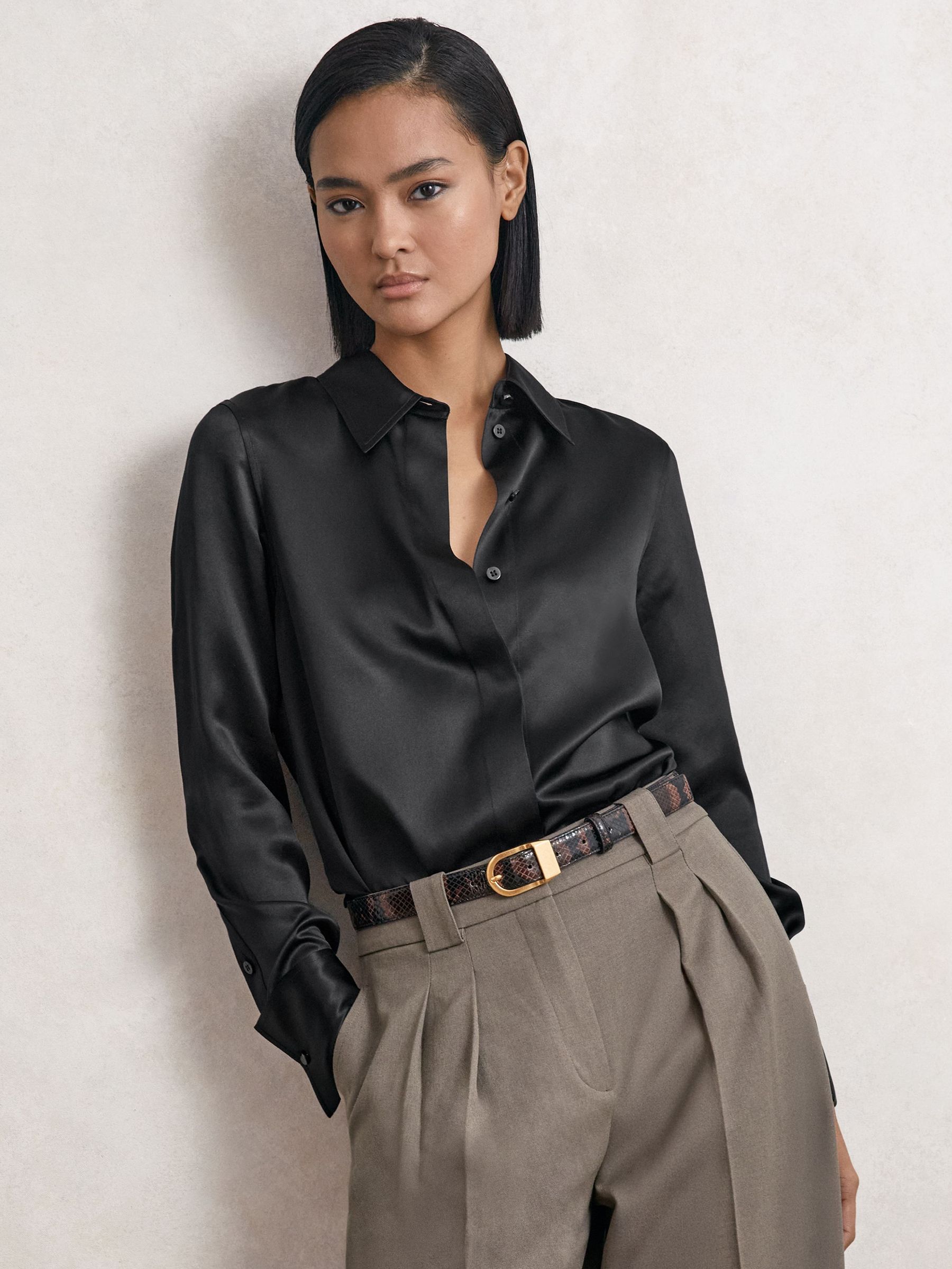 Silk-Satin Concealed-Placket Shirt in Black (W25004) | £198