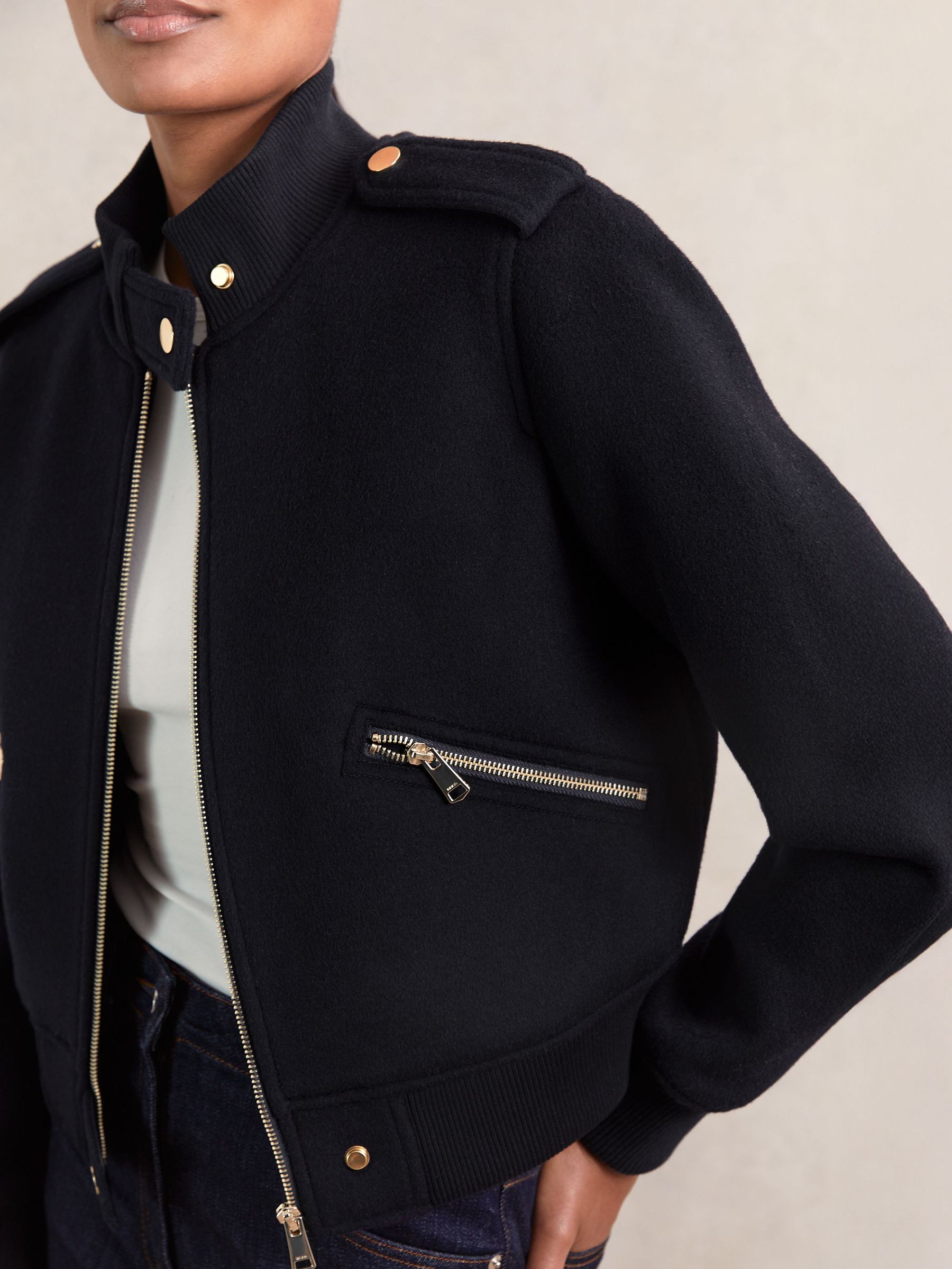 Brushed Wool Epaulette Bomber Jacket in Navy (W25007) | £280
