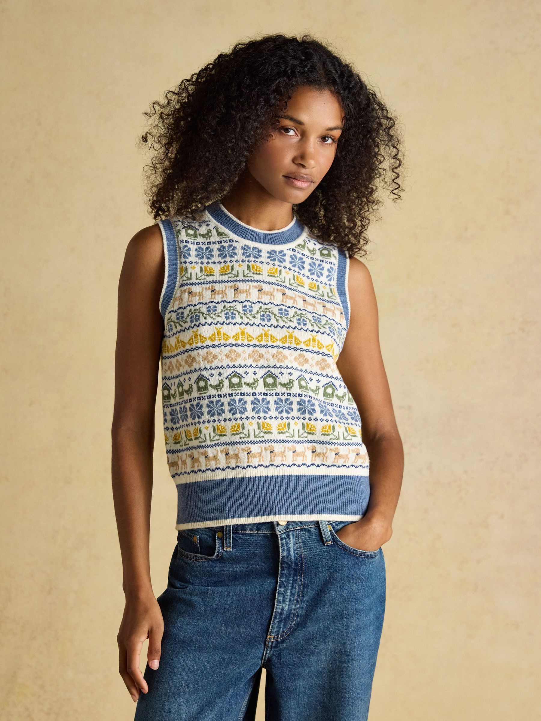 Blue Birds & Bees Knitted Crew Neck Vest (W25107) | £59