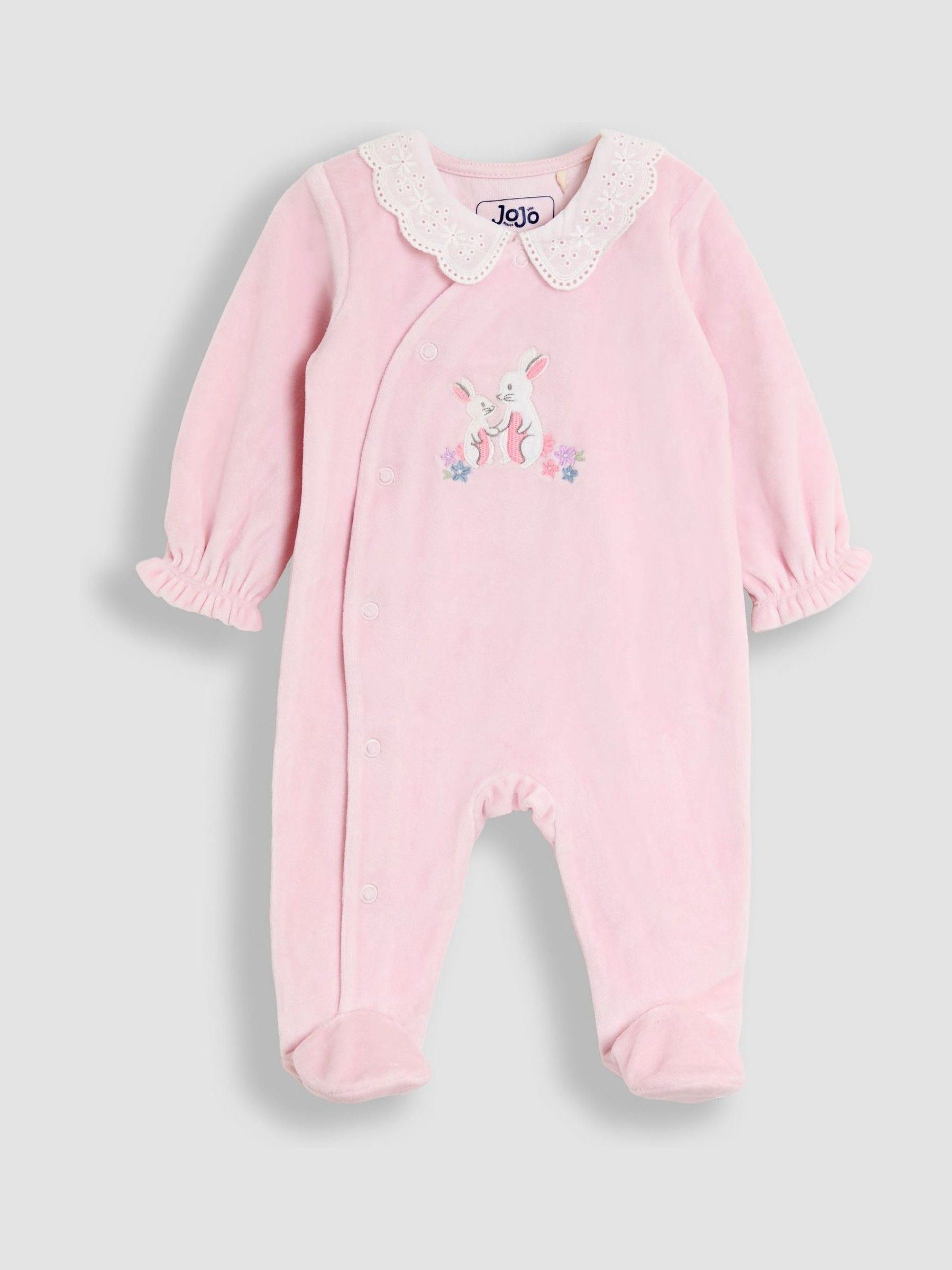 Pale Pink Bunny Appliqué Velour Collared All-In-One (W25158) | £24