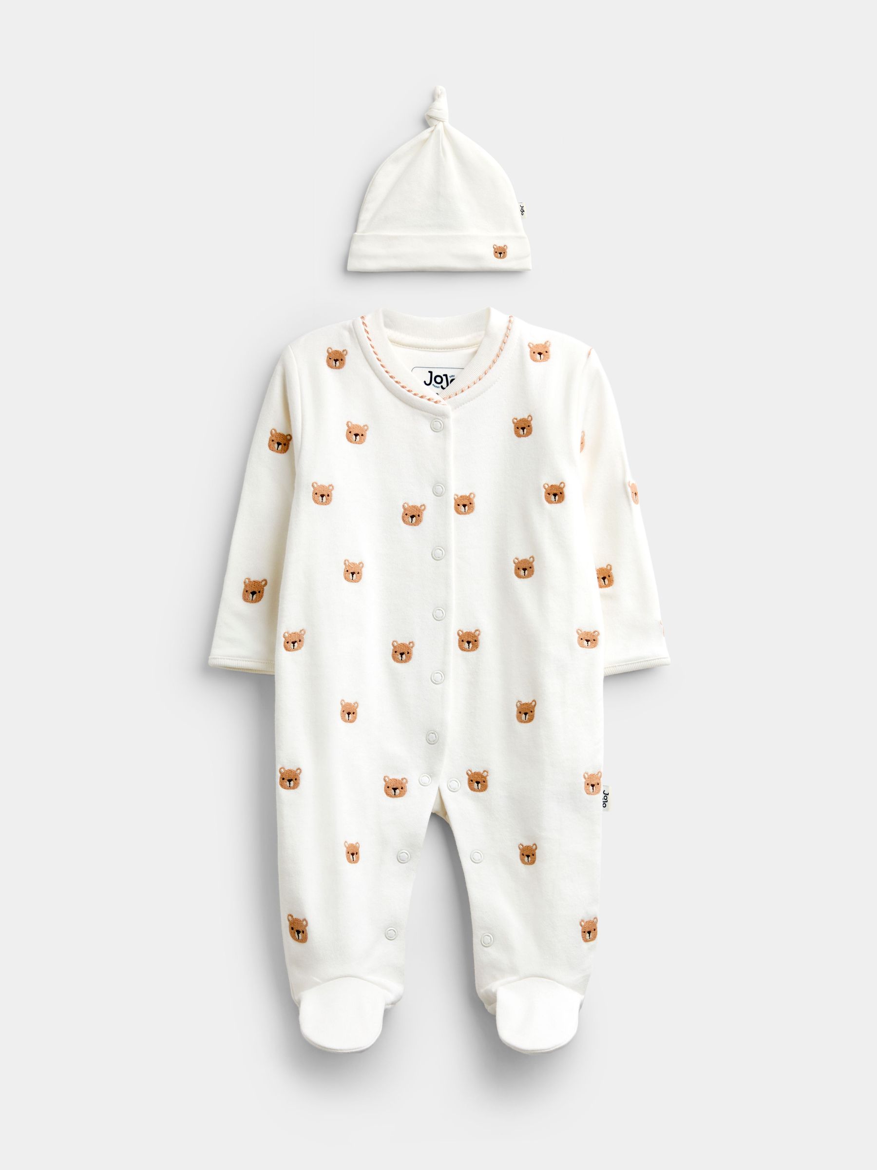 Cream Bear Embroidered - Organic Cotton Sleepsuit & Hat Set