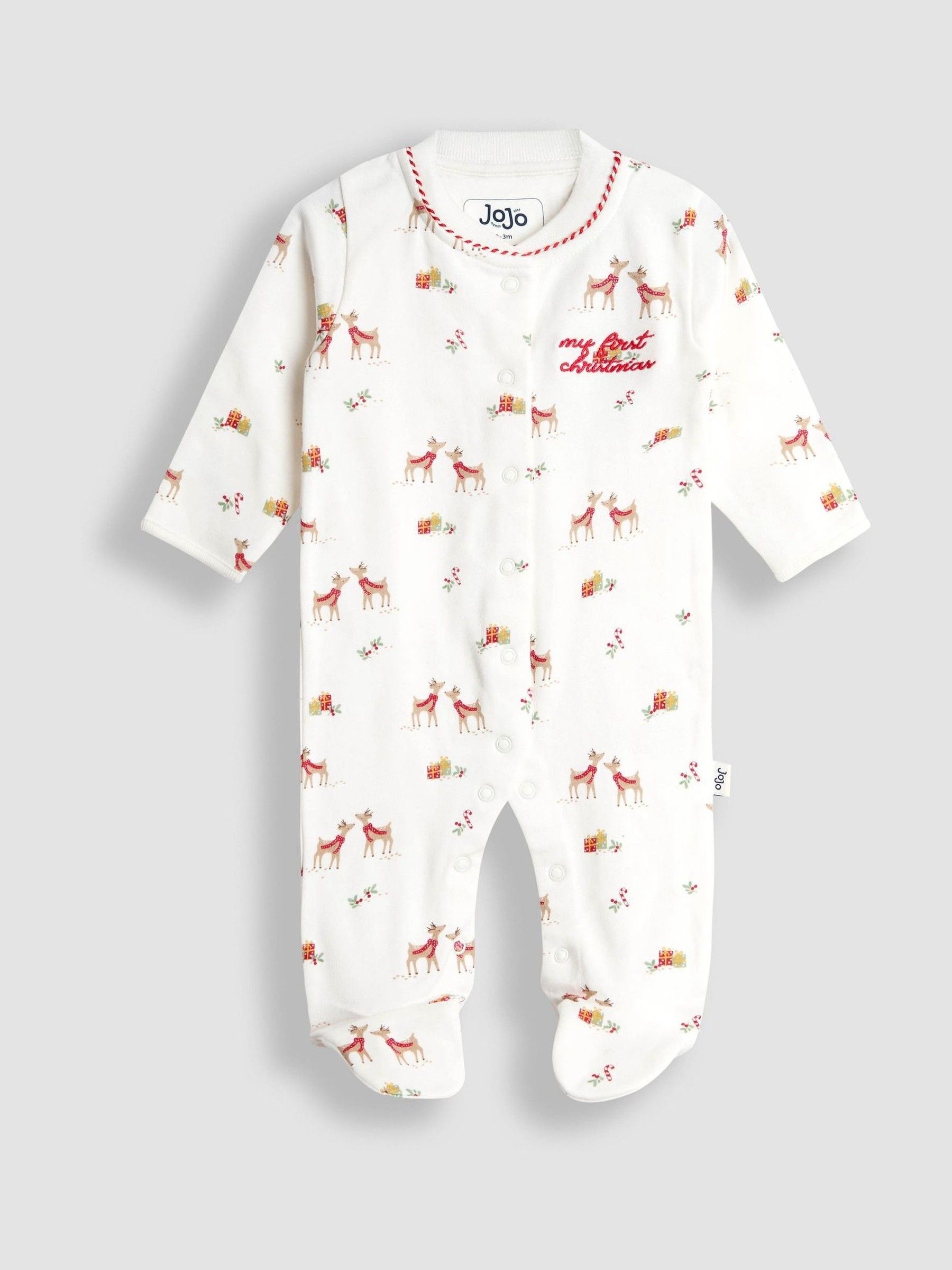 Cream Raindeer Christmas Printed Footed Sleepsuit (W25201) | £21
