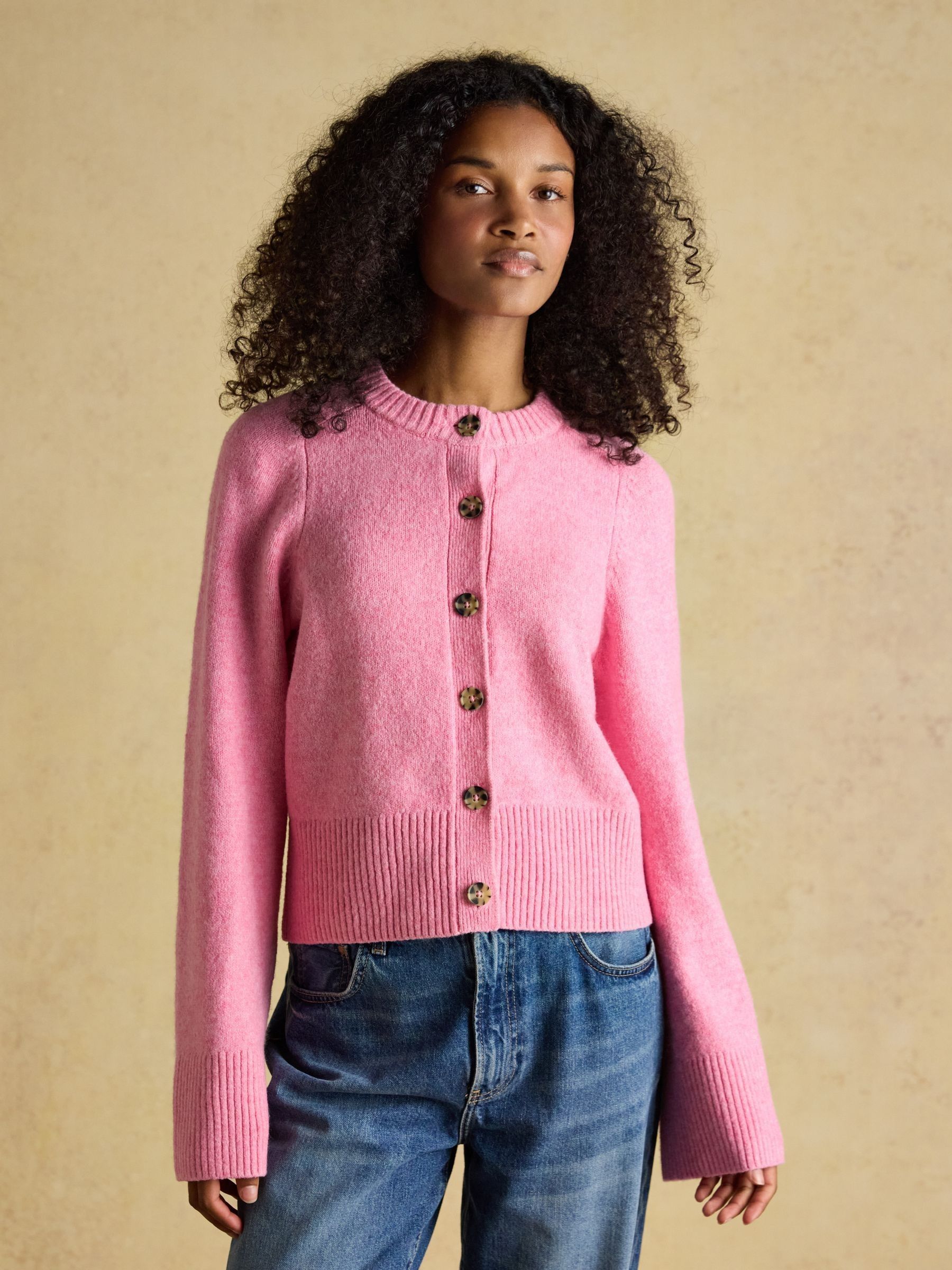 Pink Relaxed Knitted Round Neck Button Through Cardigan (W25267) | £49