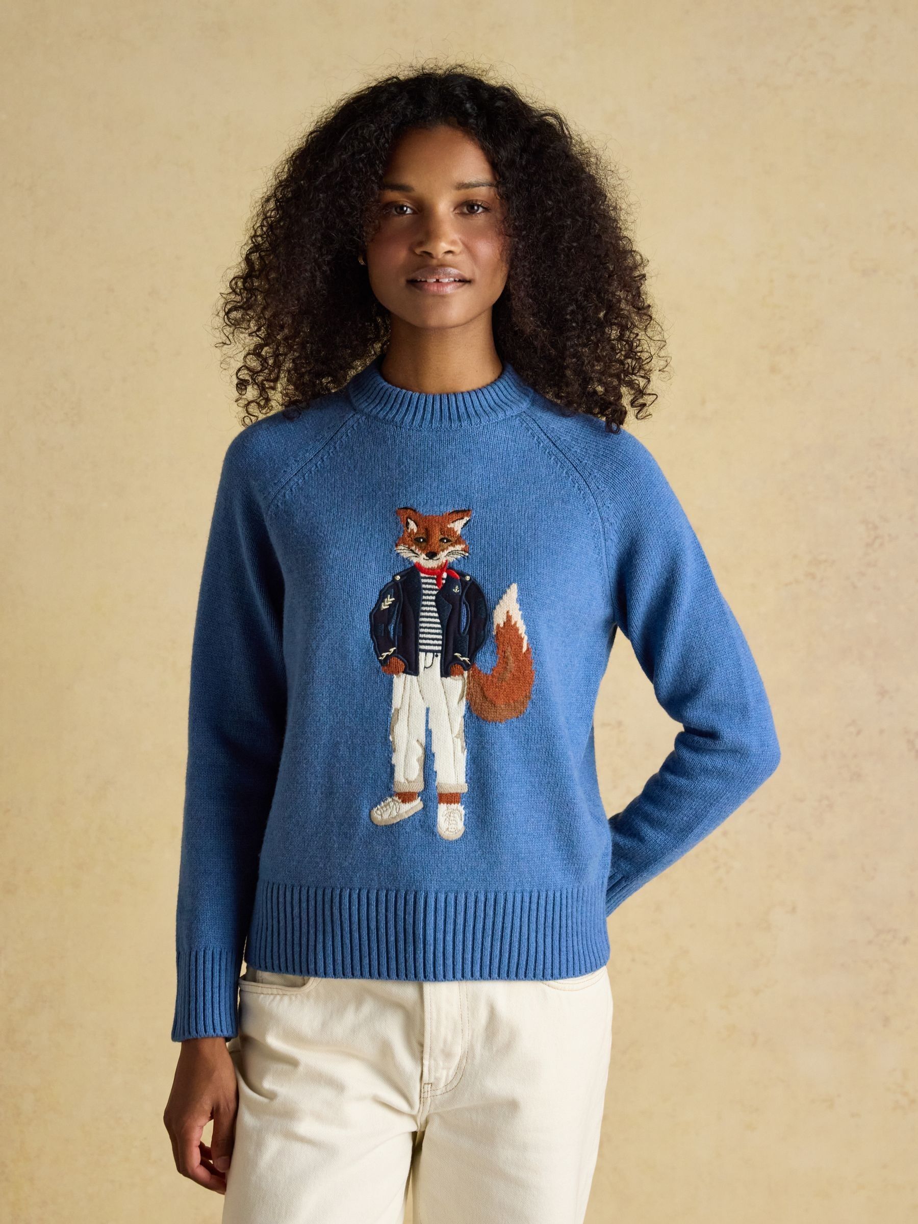 Blue Jonty Fox Embroidered Cotton-Rich Crew Neck Jumper
