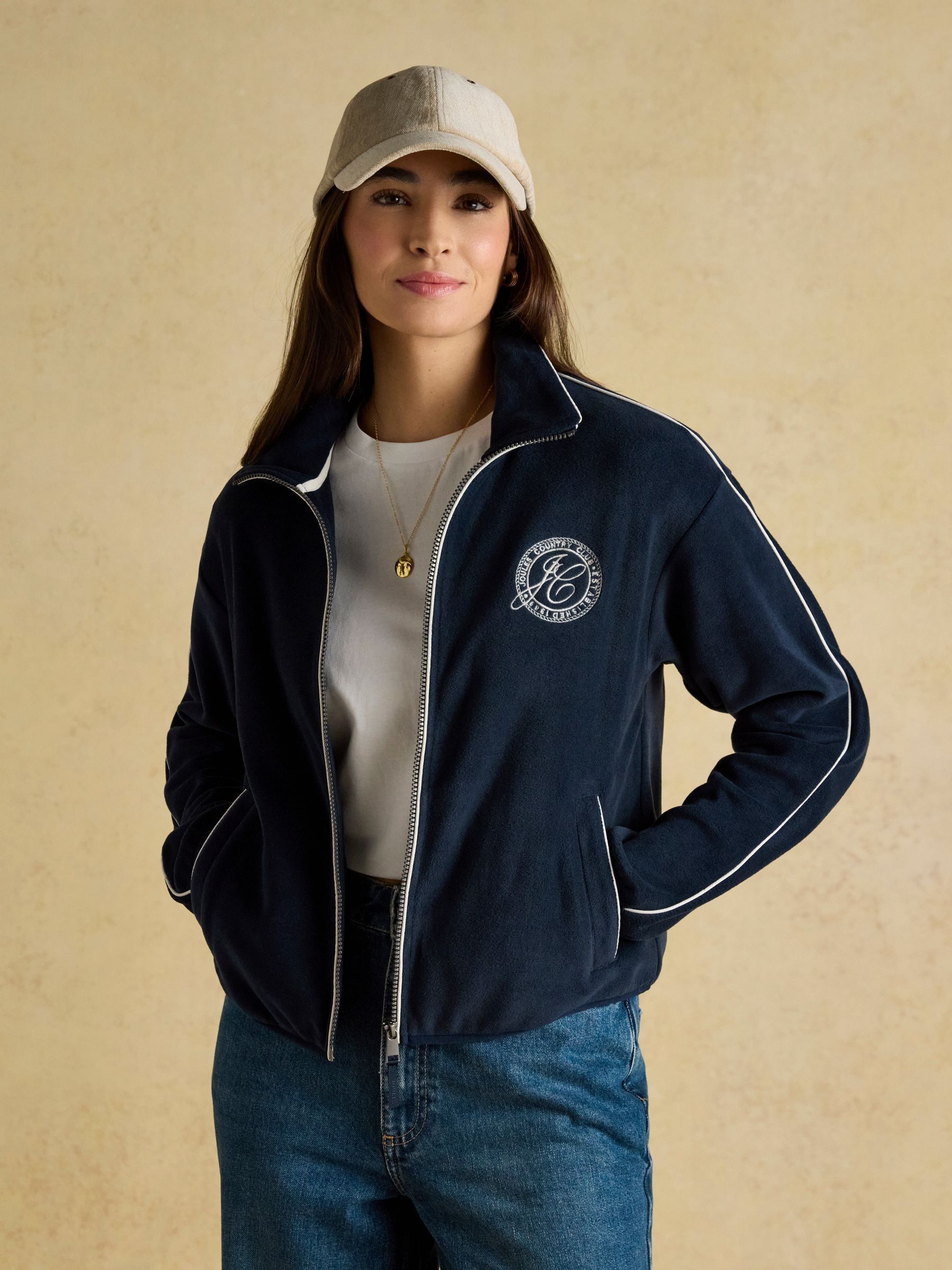 Navy Embroidered Full Zip Funnel Neck Fleece