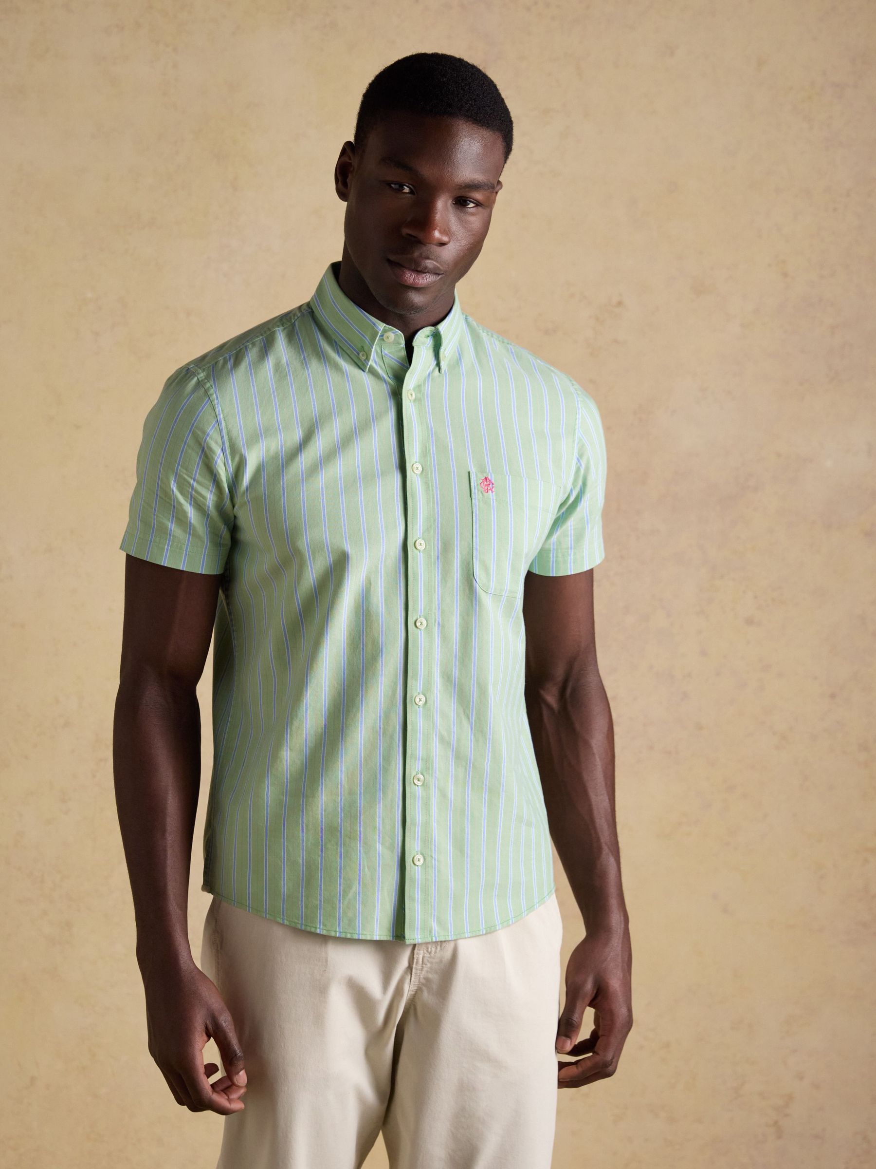 Oxford Green Striped Short Sleeve Classic Fit Cotton Shirt