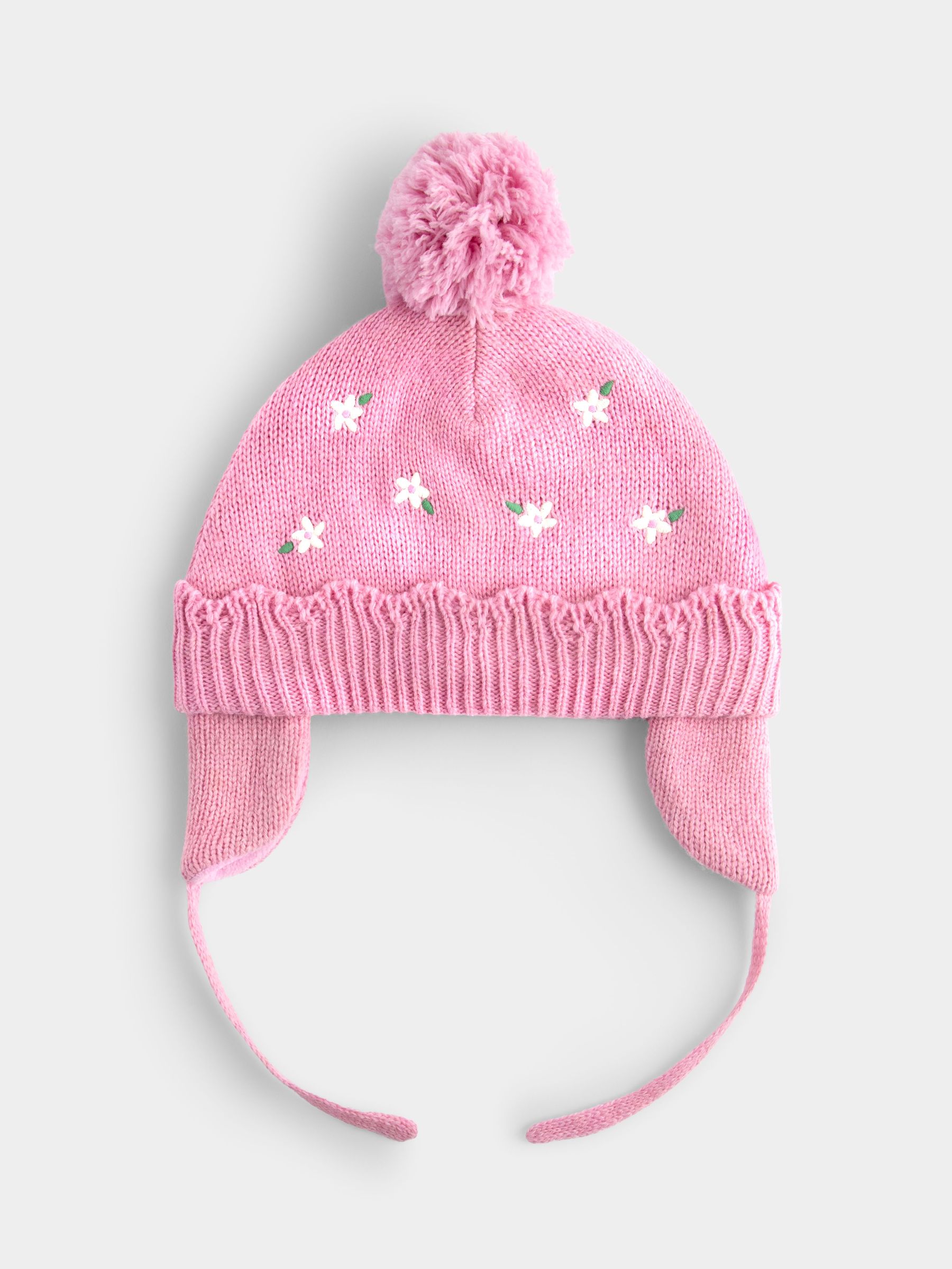 Pink - Flower Embroidered Pom Pom Knitted Hat