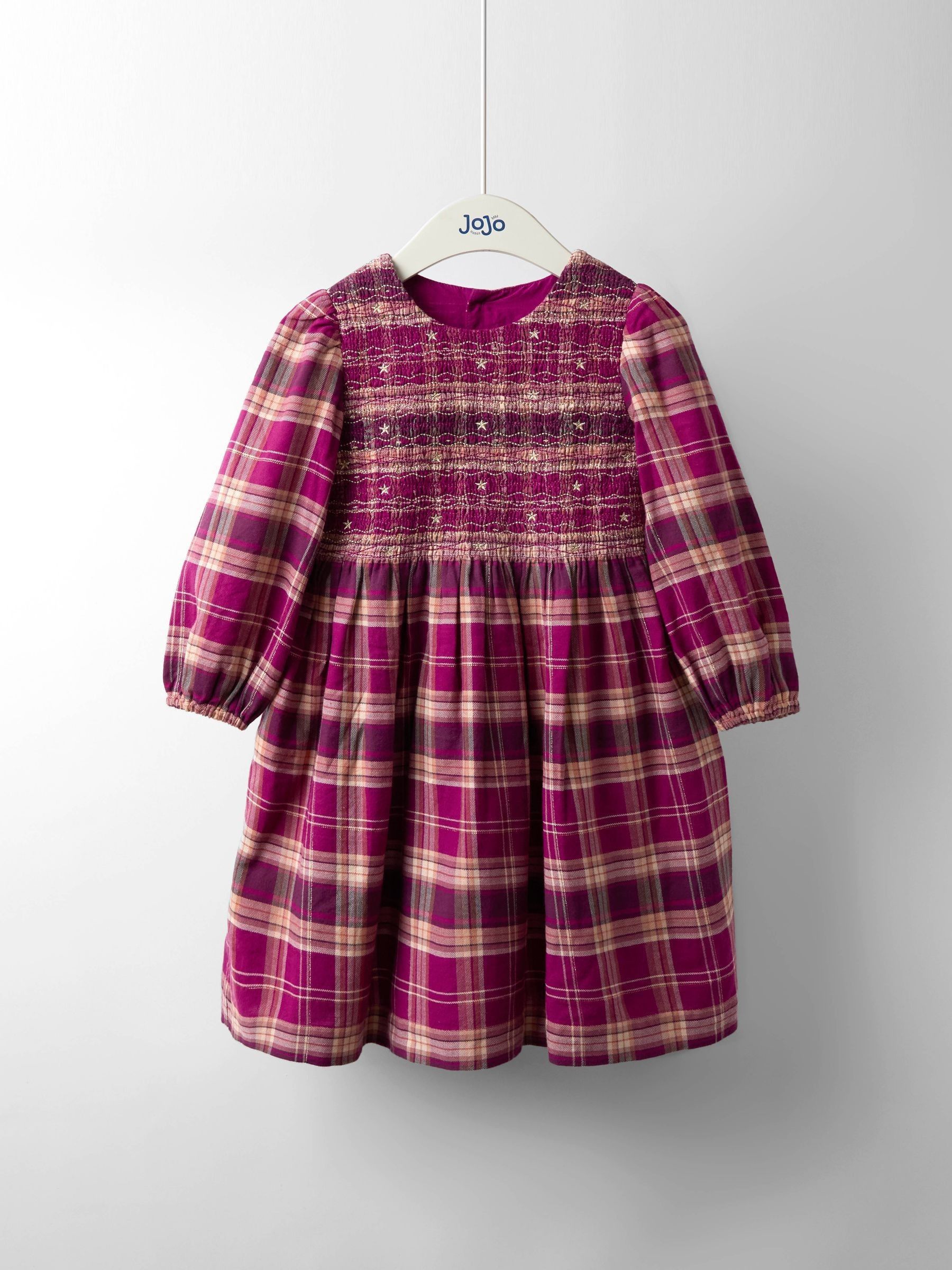 Burgundy Smocked Tartan Party Dress (W26428) | £40 - £46