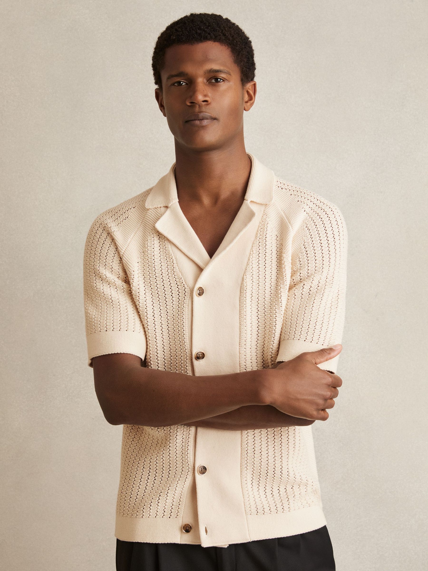 Cotton Textured-Knit Cuban-Collar Shirt in Light Stone (W26462) | £130