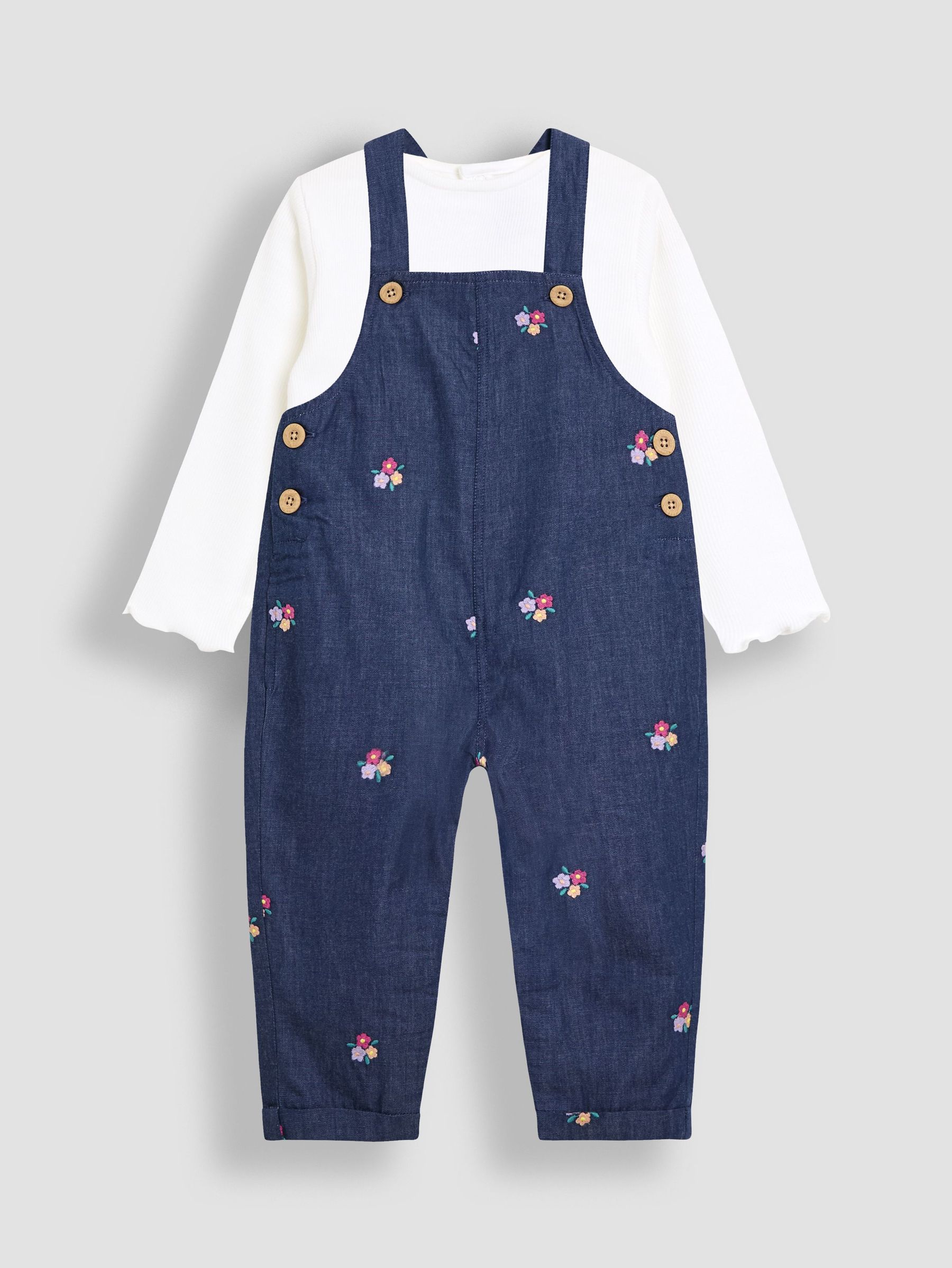 Blue Chambray Embroidered Dungarees & Rib Top Set (W26844) | £30 - £36