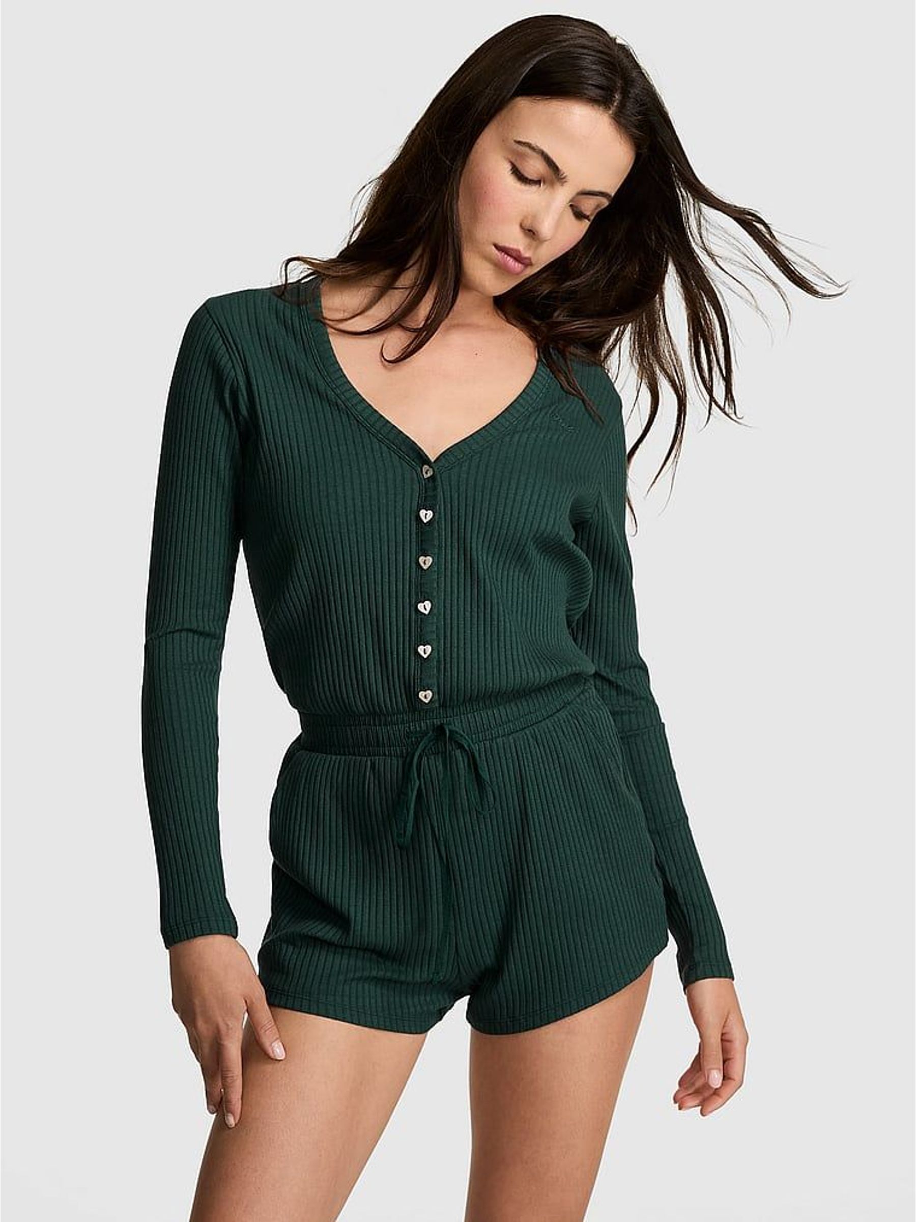 Forest Green Ribbed Playsuit (W27033) | £35