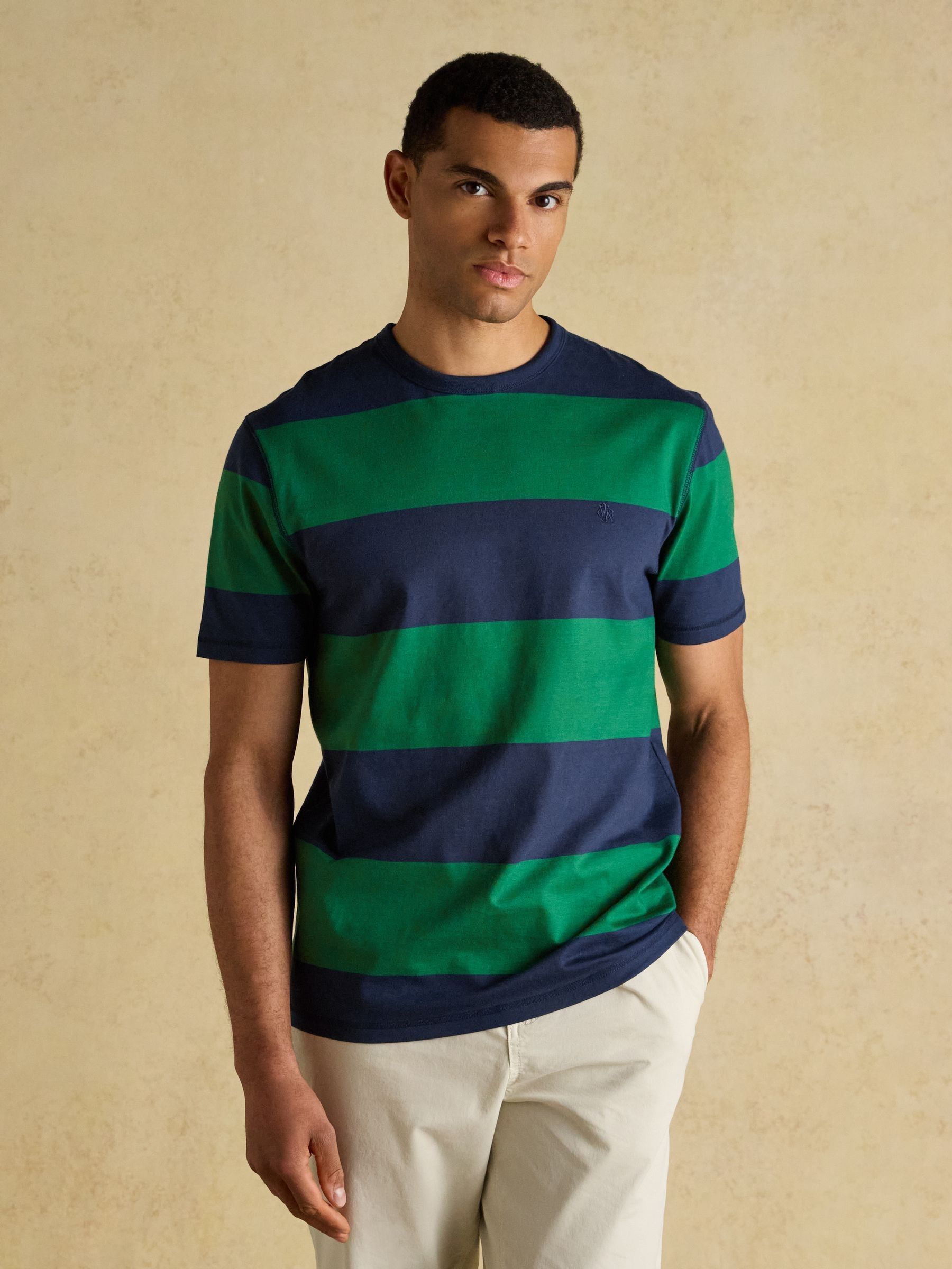 Rugby Club Green & Navy Stripe Crew Neck Cotton T-Shirt (W27044) | £26