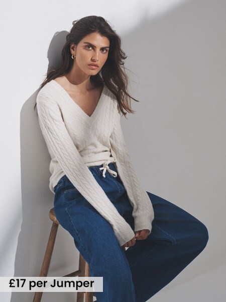 2 Pack Cable Knitted V-Neck Jumpers With Wool (W27054) | £34