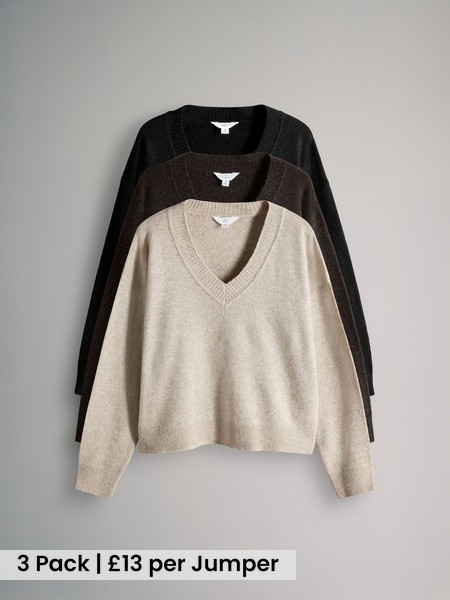 Black/Chocolate Brown/Cream 3 Pack Knitted V-Neck Jumpers With Wool (W27056) | £39