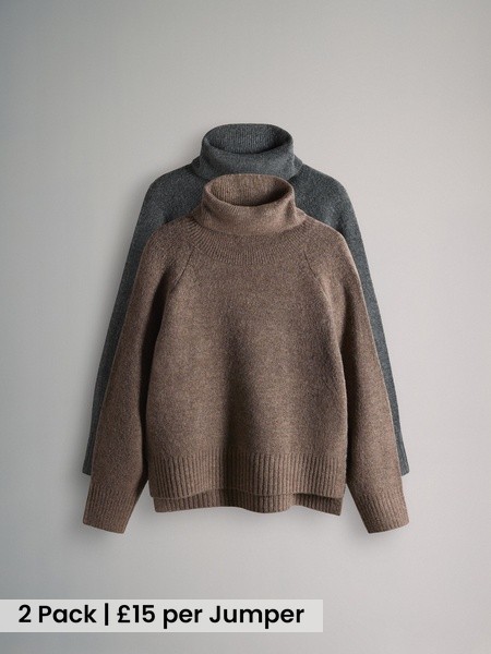 Brown Marl/Charcoal Grey Marl 2 Pack Knitted Roll Neck Jumpers (W27057) | £30