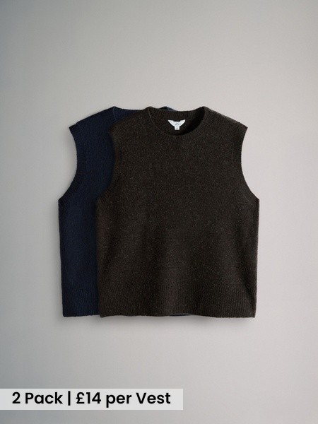Chocolate Brown/Navy Blue Knitted Vest Tank Tops With Wool 2 Pack (W27062) | £28