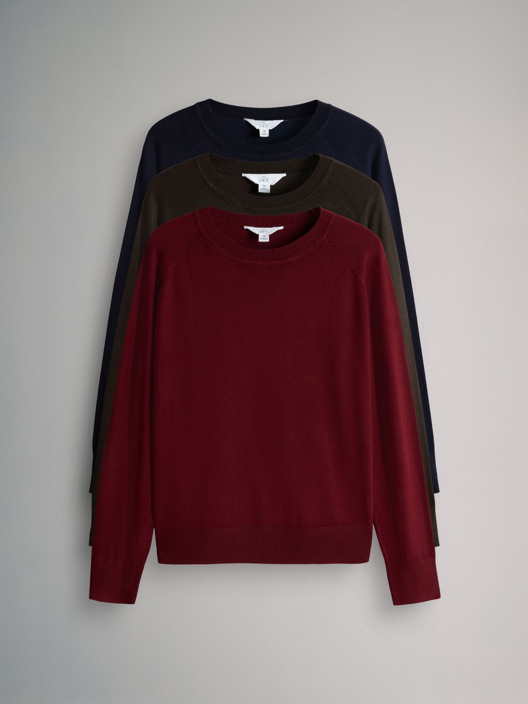 Chocolate Brown/Navy Blue/Burgundy Red - 4 Pack Fine Knit Crew Neck Jumpers (W27077) | £33