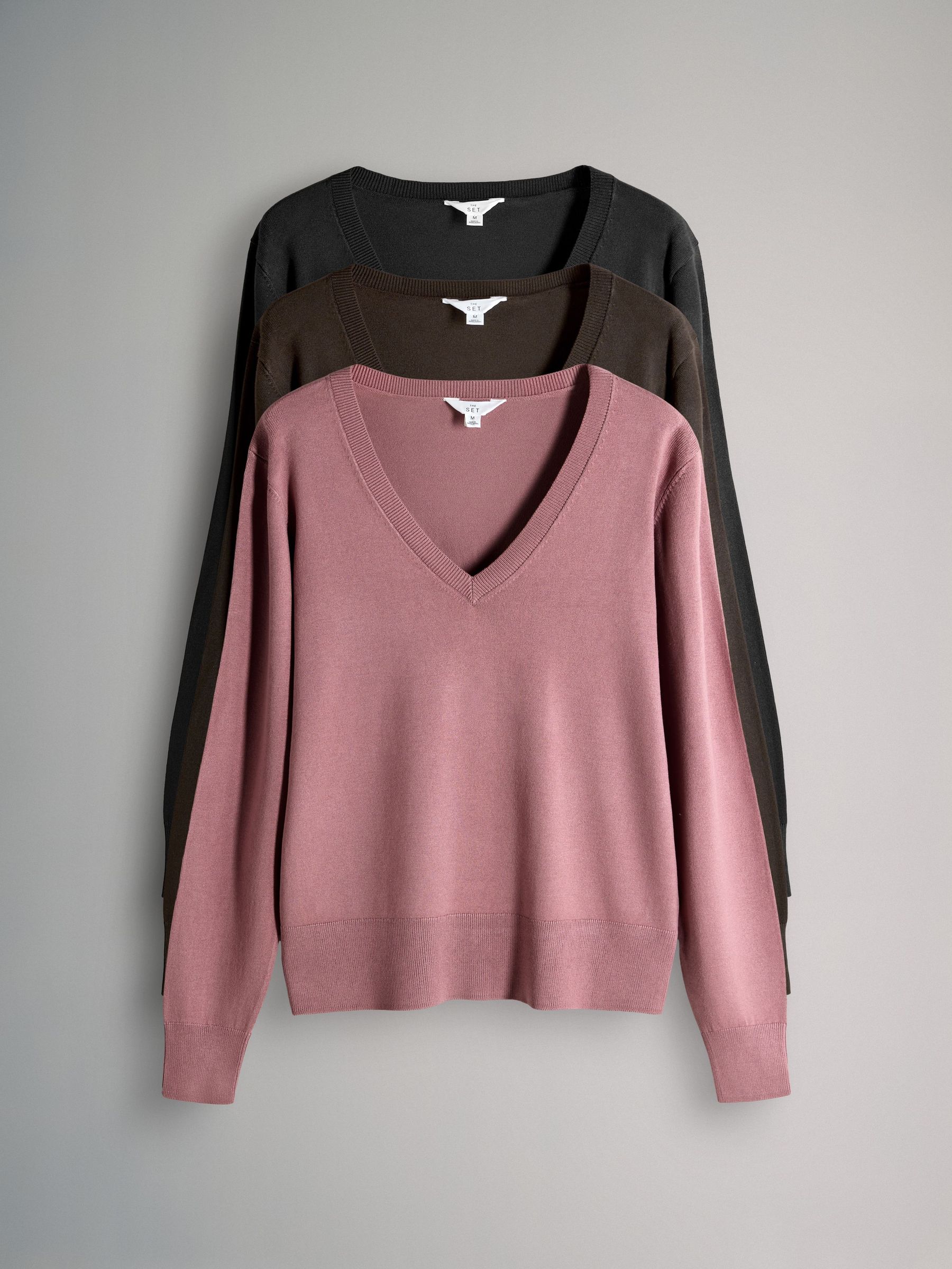 Black/Chocolate Brown/Pink - 3 Pack V-Neck Fine Knit Jumpers (W27078) | £35