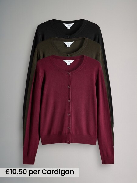 Black/Red/Khaki Green - 3 Pack Fine Knit Button Through Cardigans (W27080) | £31.50