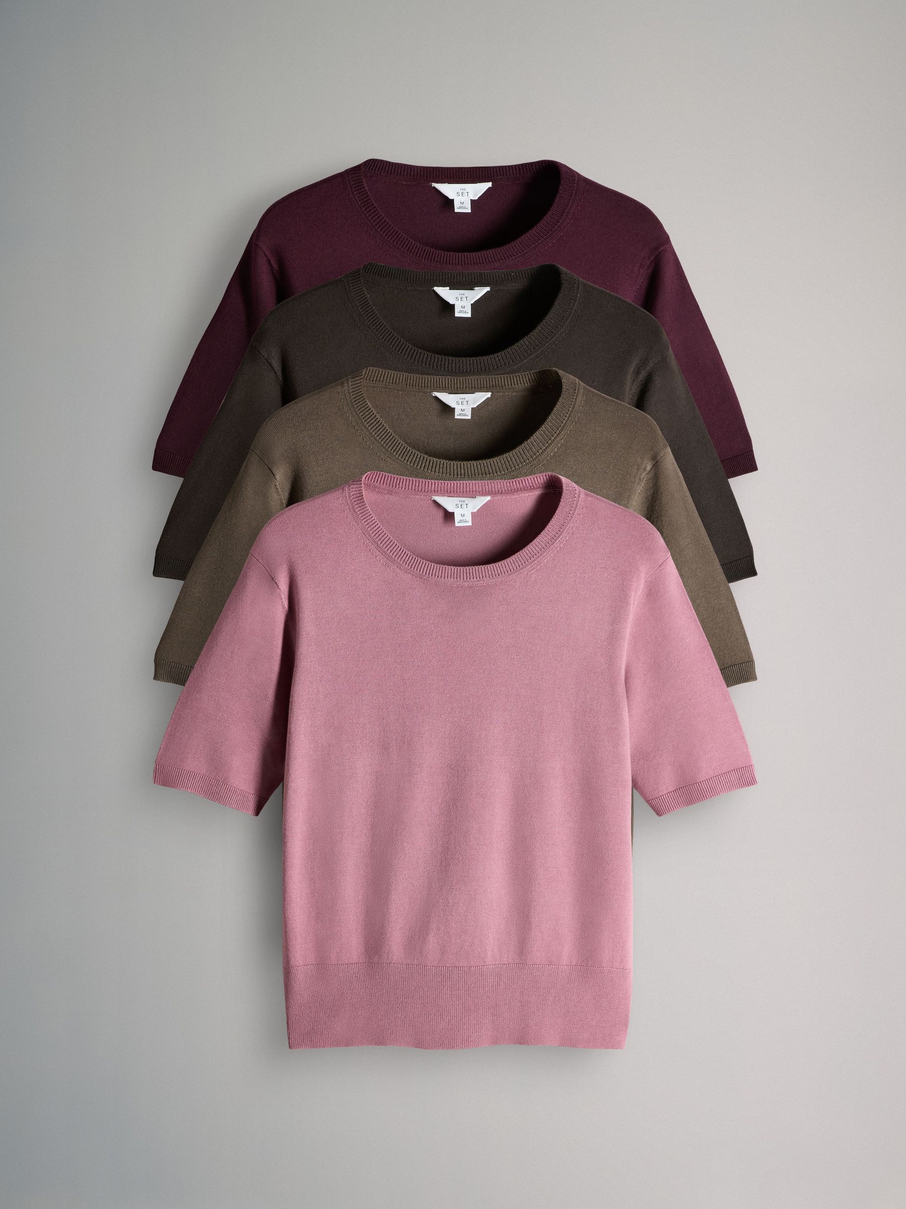 Chocolate Brown/Burgundy/Dark Pink/Brown - 4 Pack Long Sleeve Fine Knit T-Shirts (W27081) | £38